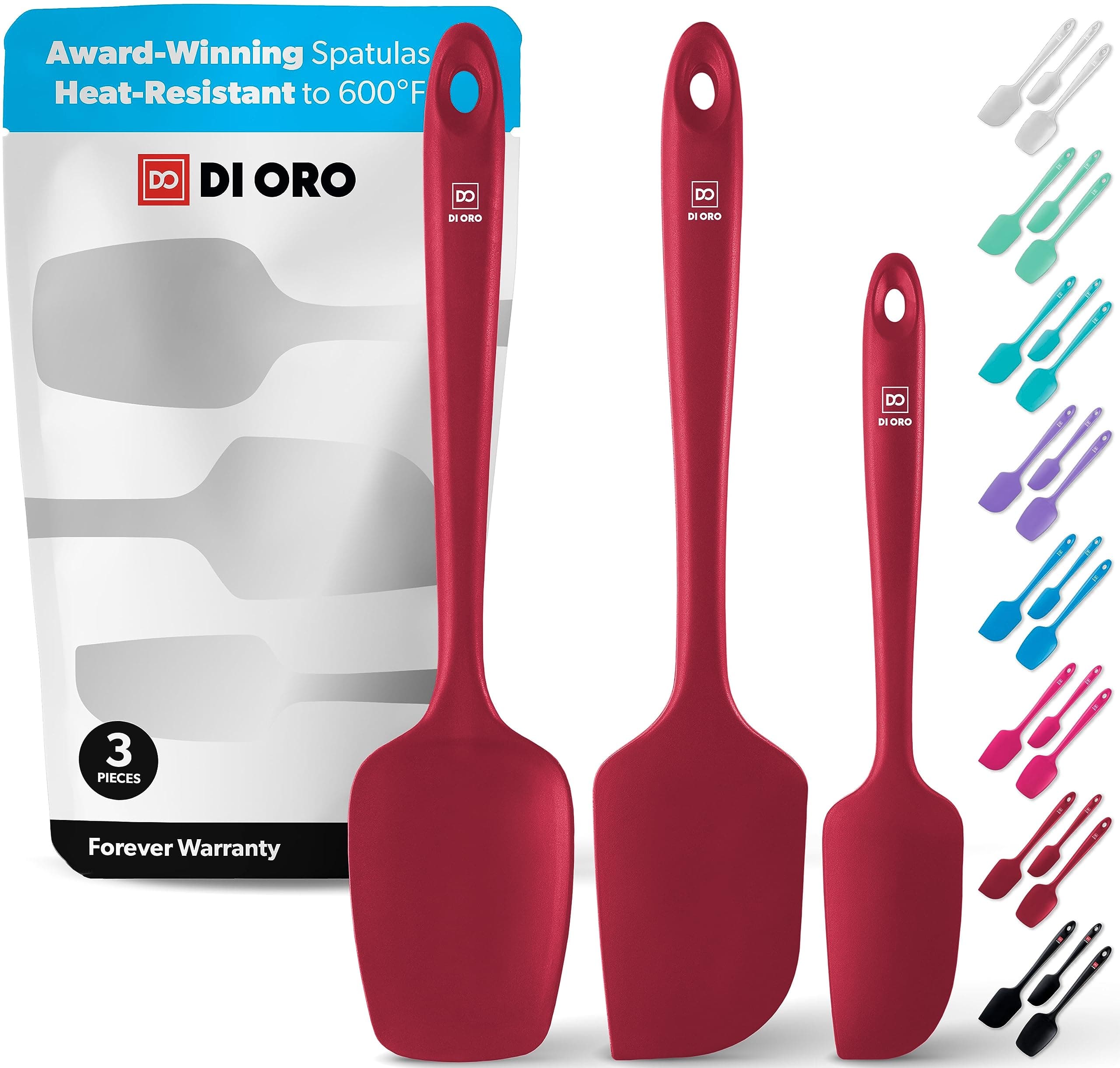 di Oro Living One-Piece Design Pro Grade Non-stick Silicone Rubber with Stainless Steel Heat-Resistant 3 Pieces Baking Spoon and Spatula Set (Red)