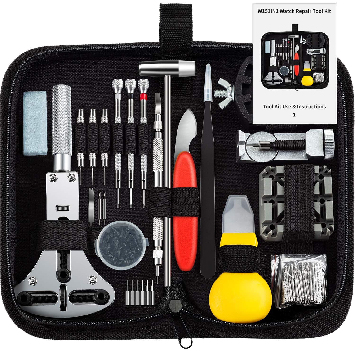 Watch Repair Tools Kits, EasyTime 151pcs Watches Battery Replacement Watchband Link Remover Spring Bar Tool Kit with Carrying Case and Instruction Manual A-Black