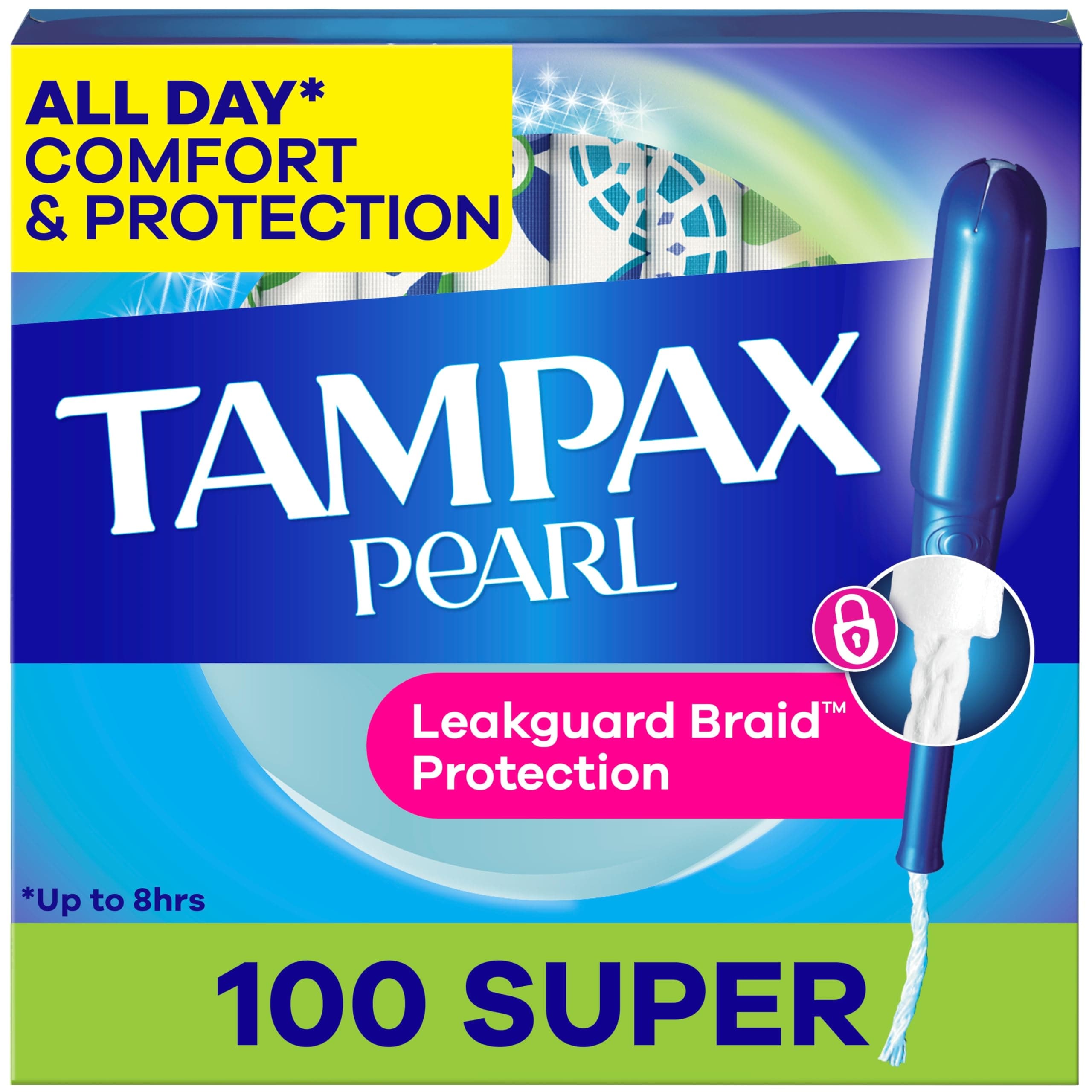 Tampax Pearl Tampons Super Absorbency, 100 Count, BPA-Free Plastic Applicator and LeakGuard Braid, Unscented, 50 Count, Pack of 2 (100 Count Total)