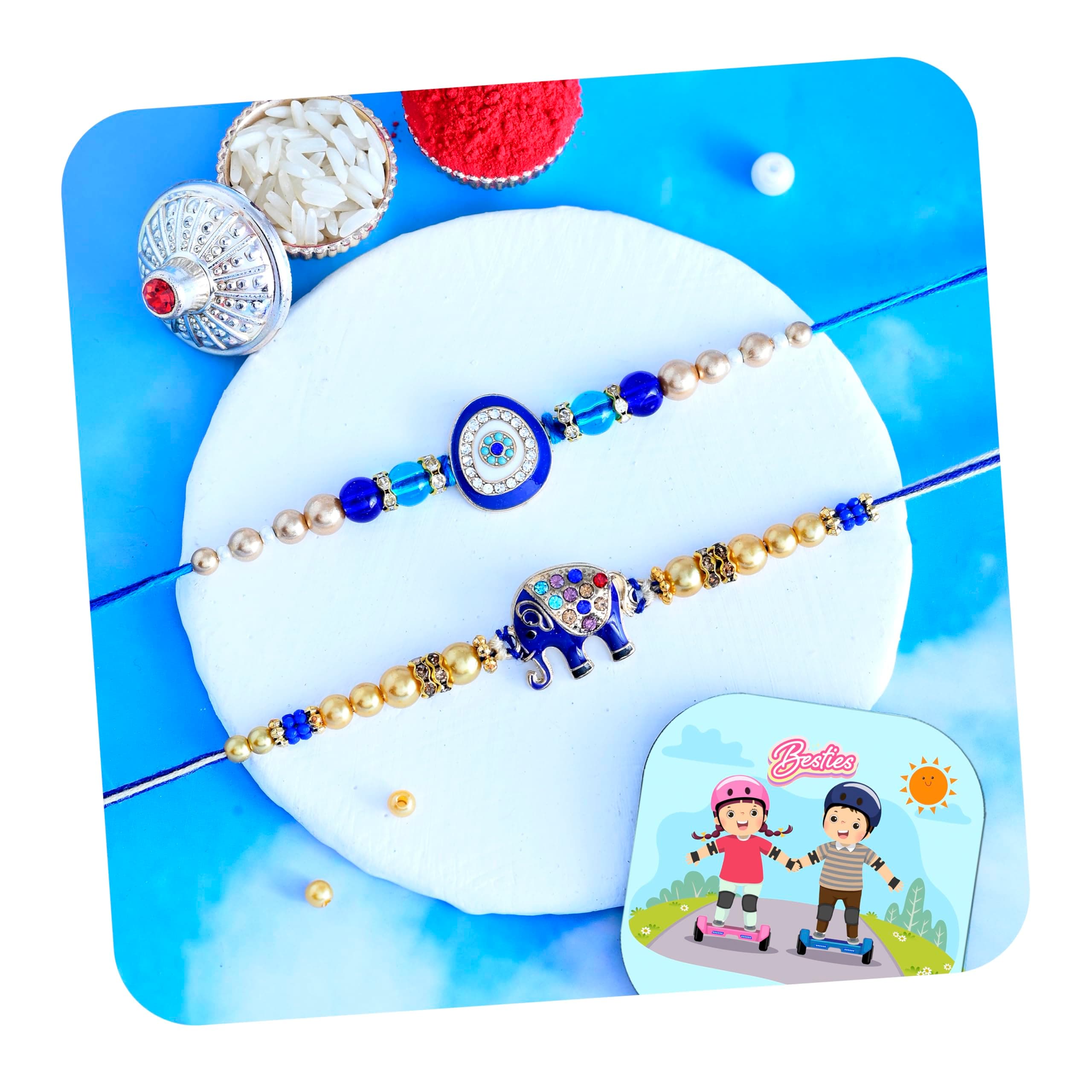 CraftVatika Designer Rakhi for Brother Set of 2 Evil Eye and Blue Elephant With Gift Combo for Brother Bhaiya,Men, women, Boys , Girls, Rakhi for Boys Mens Couple Rakhis for Bhaiya Pair for Bro, Fridge Magnet for Home decor With Greeting Card, Tilak set