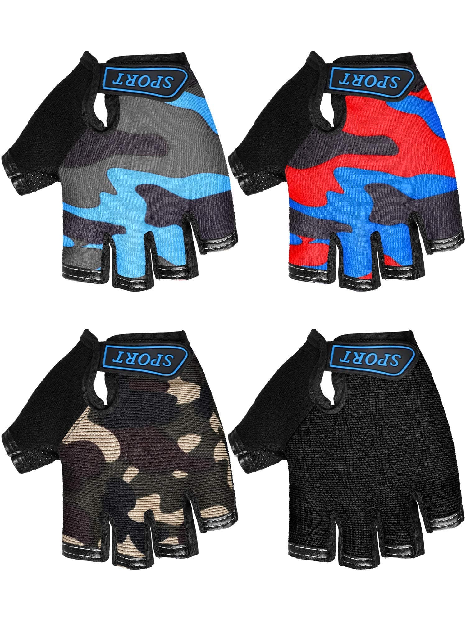 4 Pairs Kids Cycling Gloves Half Finger Bike Gloves Non-Slip Mitten Sport Gloves for Boys and Girls (Black, Camouflage, 6-10 Years)