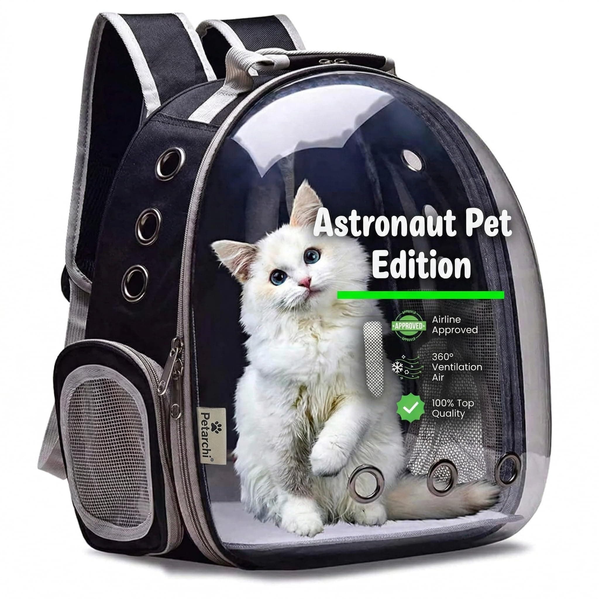 Petarchi Astronaut Transparent Pet Carrier Backpack for Cats, Puppies, Kittens & Small Dogs Travel, Hiking, Ventilated, Airline-Approved with Sturdy Pad (41L x 26W x 32H cm)