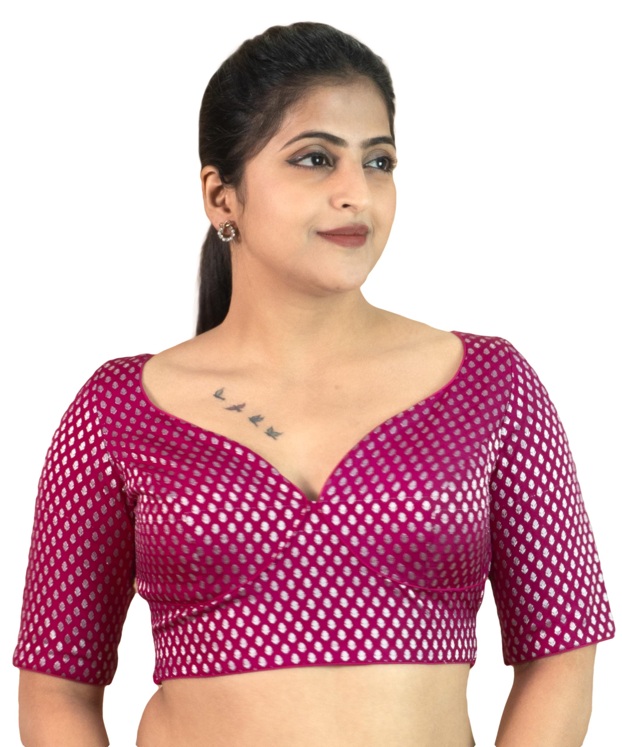Women's Brocade Floral Printed Sabyasachi Cut Elbow Half Sleeves Sweet Heart Neck Readymade Saree Blouse Ethnic Designer Stitched Handmade Top Padded Pink Black B12