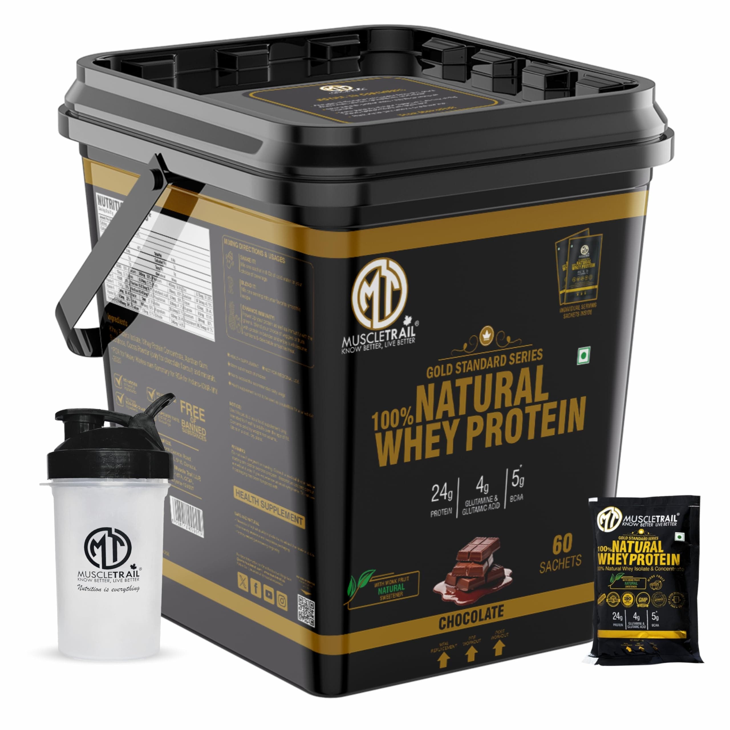 MuscleTrail Gold Standard Series Whey Protein Powder | 24g Protein, 60 Pouches | Isolate & Concentrate with Digestive Enzymes, Muscle Building, Strength Supplement, Low Carb Low Fat, Free Shaker