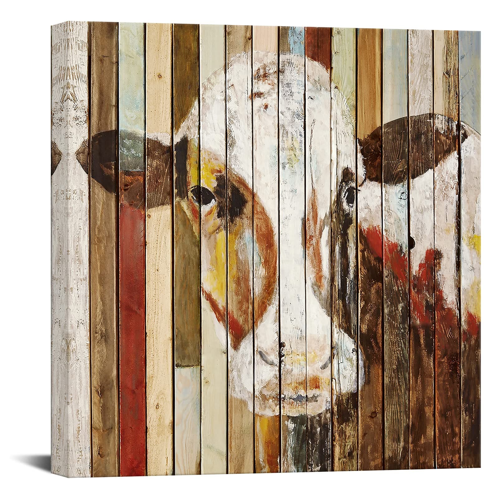 Canvbay Cow Wall Art Canvas Rustic Farm Animal on Vintage Wooden Background Picture Artwork Cattle Painting for Farmhouse Country Living Room Kitchen Decor 24x24inch