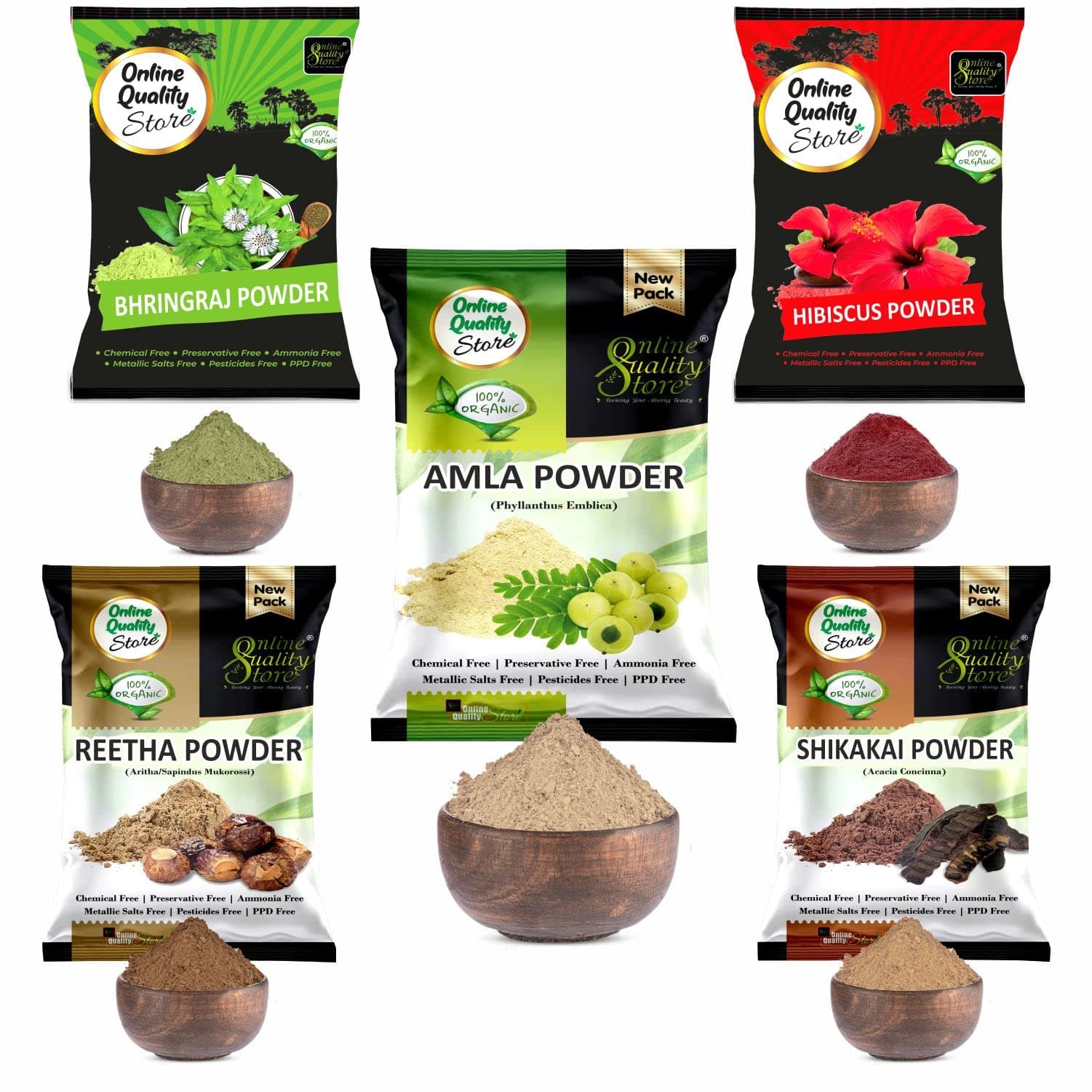 Online Quality Store Amla Reetha Shikakai Bhringraj and Hibiscus Powder for Hair |hair pack powder combo |hair care products |natural products for hair |natural products for skin|products for hair(Pack of 5 ,Total 900g Pack)