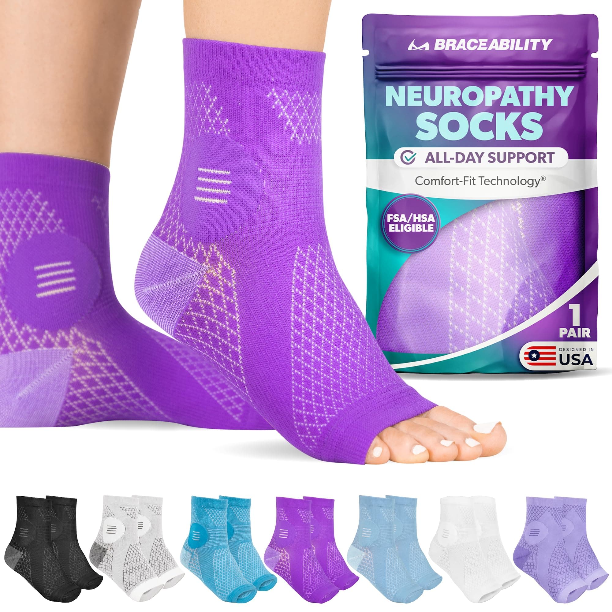 BraceAbility Neuropathy Socks for Women and Men - Toeless Compression Foot Neuropathy Socks, Peripheral Neuropathy Socks, Diabetic Neuropathy Socks, Arthritis Socks (S - Purple)