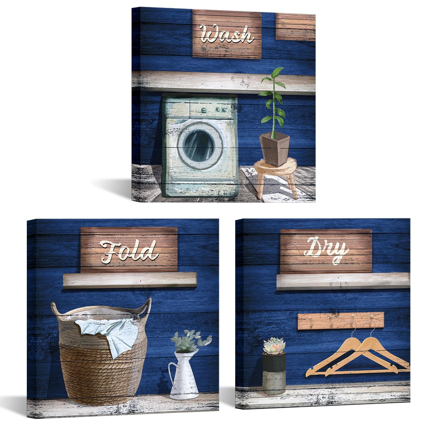 sechars Vintage Laundry Room Canvas Wall Art Wash Dry Fold Laundry Signs Painting Pictures Blue Wall Decor for Country Farmhouse Hotel