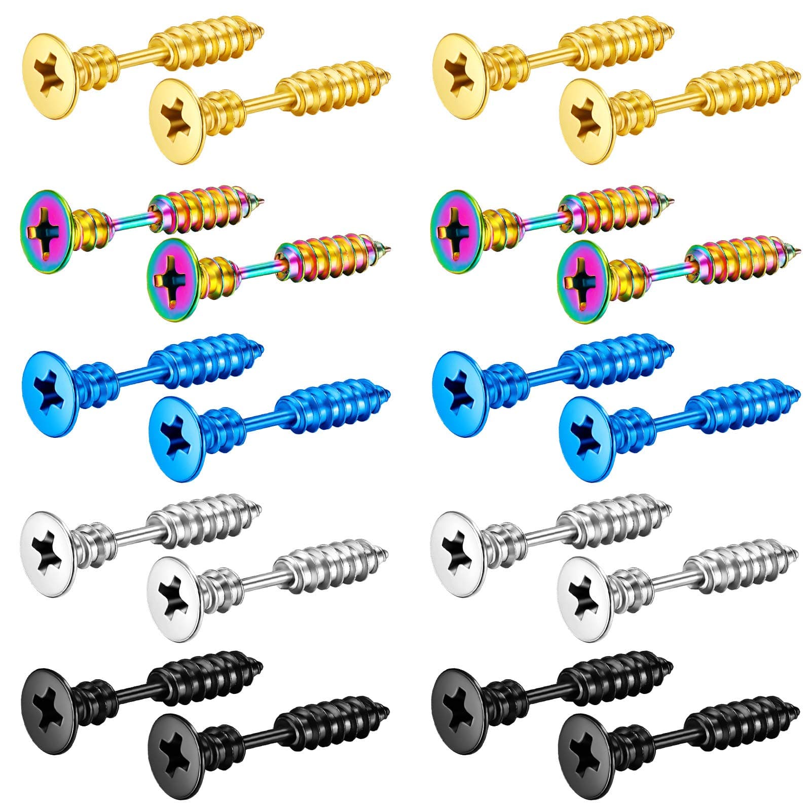 10 Pairs Screws Earrings Punk Style Stainless Steel Piercing Screws Hoop Earrings Ear Studs