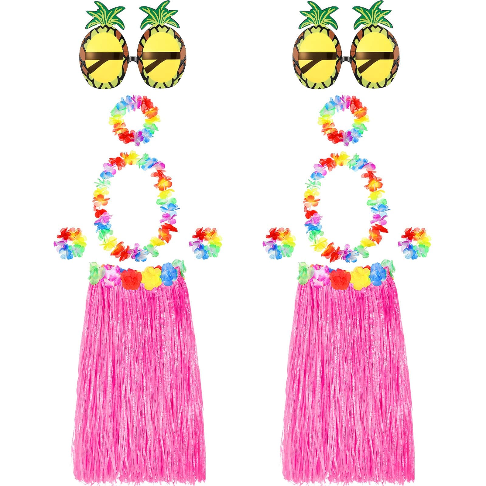 2 Sets 60 cm Hawaiian Hula Grass Skirt with Pineapple Sunglasses Flower Accessories, Straw(Pink Skirts)