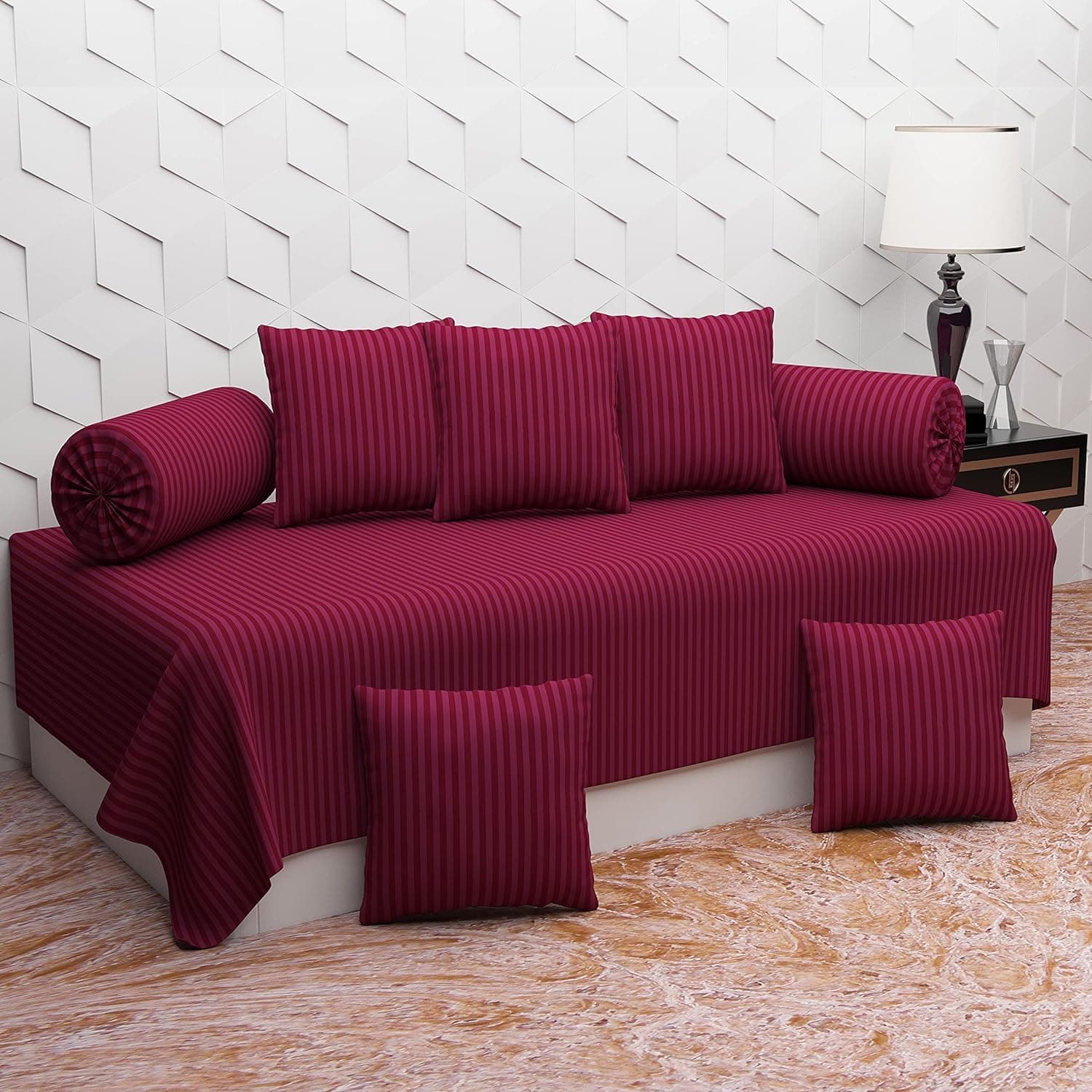 BELVOSTUM Diwan Set for Living Room | 8-Piece Microfiber Set with 1 Single Bedsheet, 2 Bolster Covers, 5 Cushion Covers | Soft & Stylish Diwan Bedding Set (Maroon)