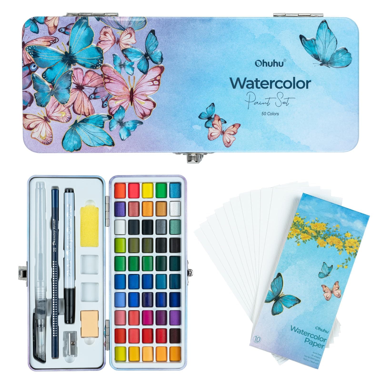 Ohuhu Watercolor Travel Paint Set, 50-Color Portable Watercolor Kit