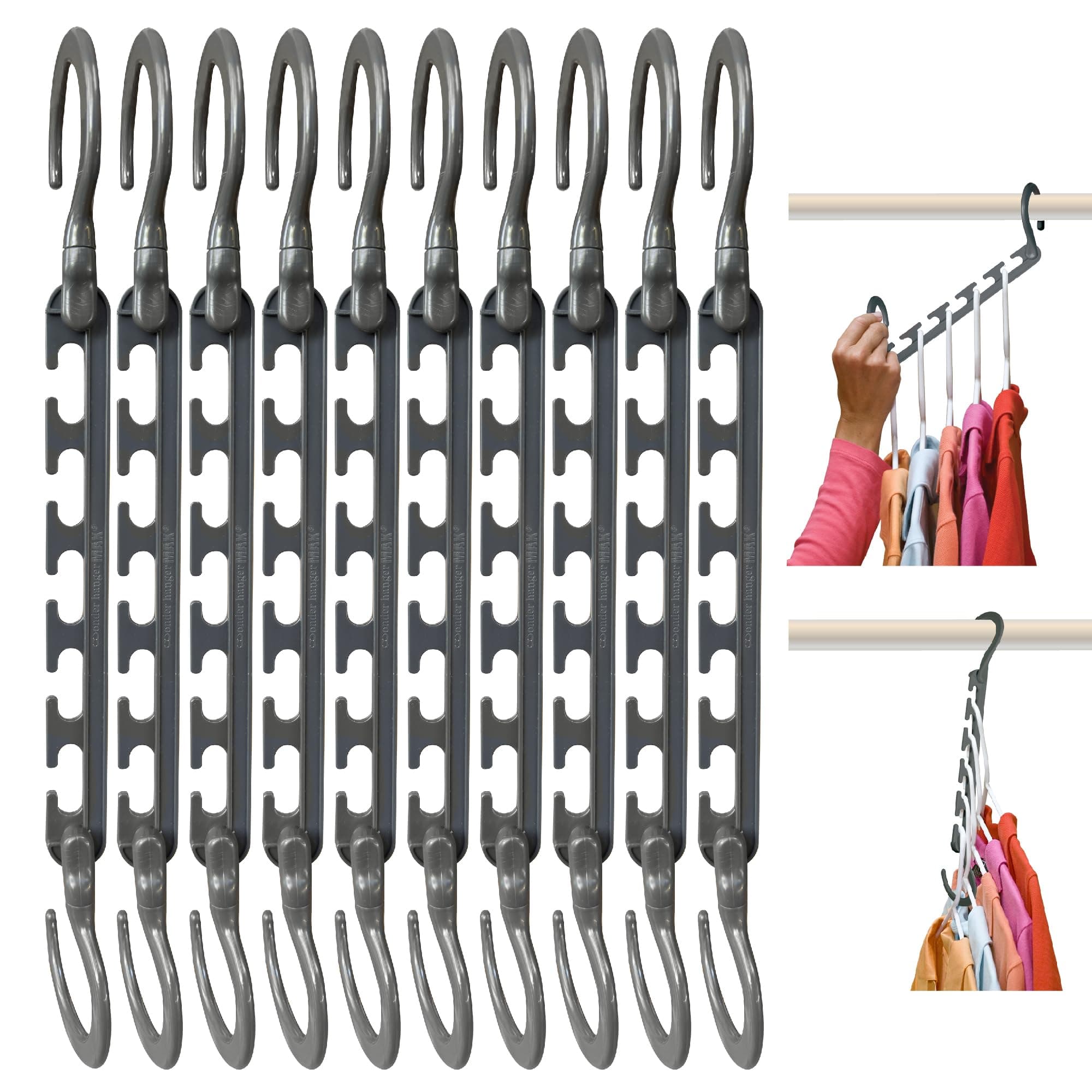 Pack of 10 : Wonder Hanger Max NEW & IMPROVED - 3x the Closet Space for Easy, Effortless, Wrinkle-free Clothes, Comes Fully Assembled, Grey, Pack of 10