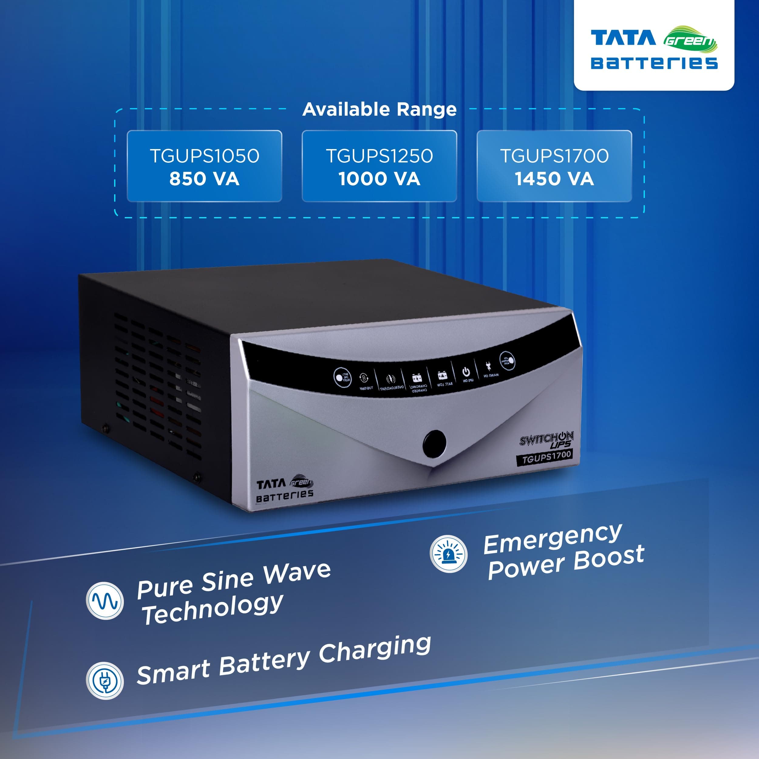 Tata Green Batteries Inverter & Battery Combo (Switch ON Pure Sine Wave 1450VA/12V Inverter INTT280072 240AH Tall Tubular Inverter Battery) for Home and Office
