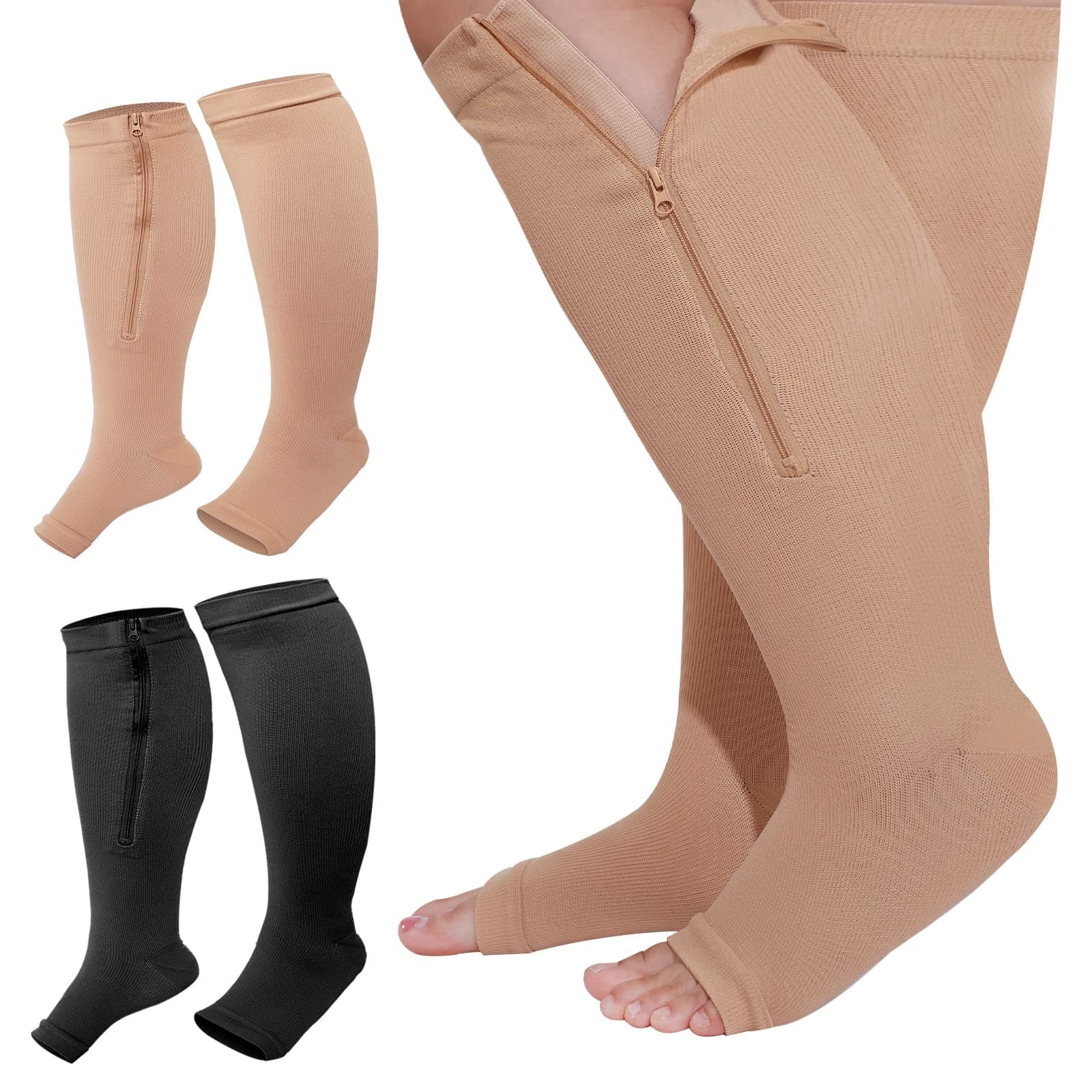 Hillban 2 Pair Plus Size Calf Zipper Compression Socks 15 to 25 Mmhg Open Toe Compression Stockings for Overweight Women Men, Black, Nude, 4X-Large