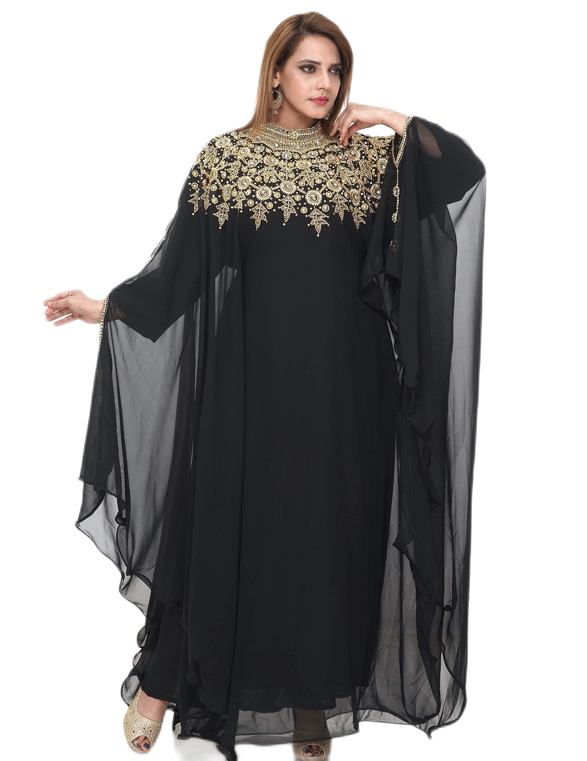 ryanlifestyle Dubai Kaftan Dresses for Women Moroccan Caftans Abaya Farasha Bridal RL4121 Black, Black