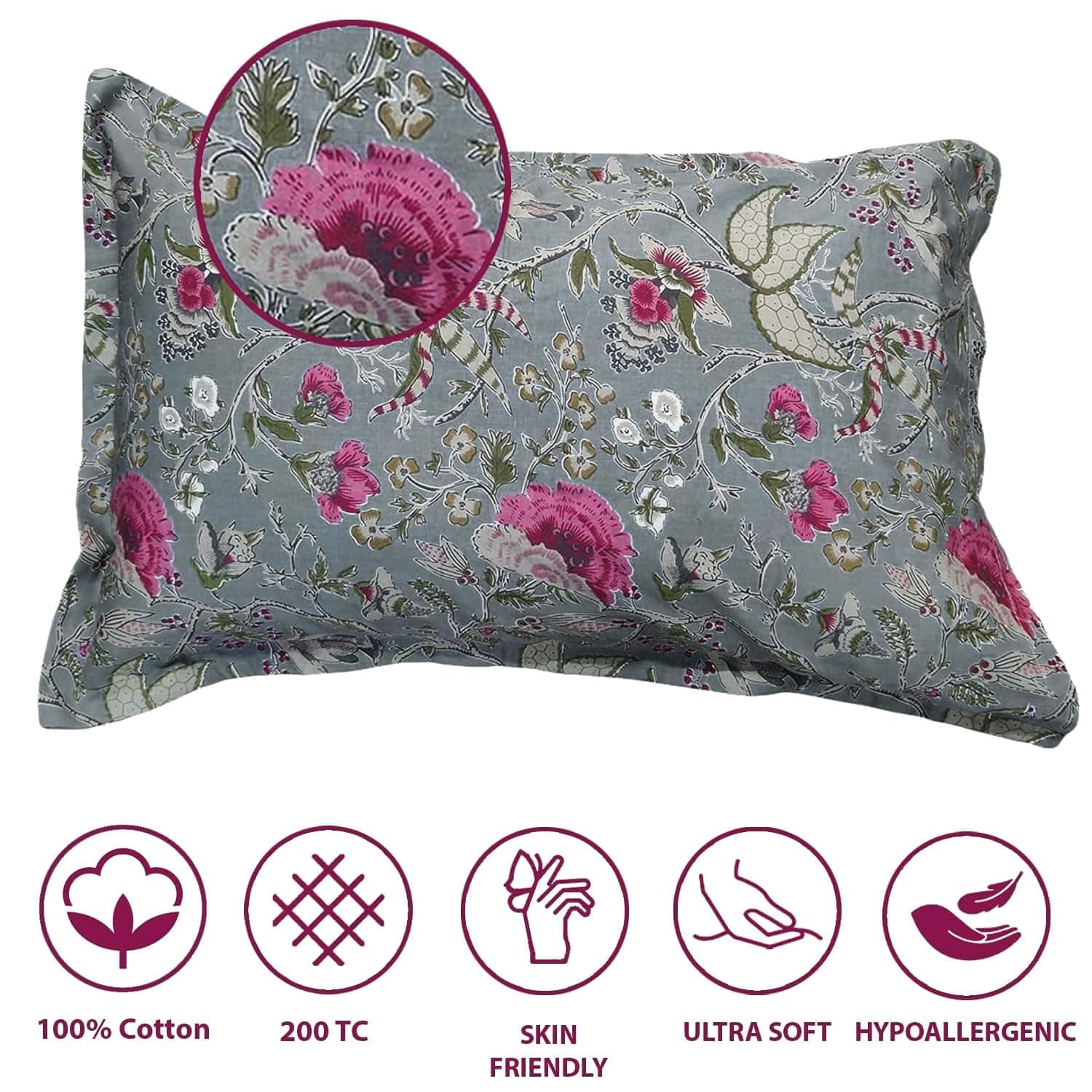 Trance Home Linen 200 Tc 100% Cotton Floral Printed Pillow Covers | Pillow Cases | Set of 2 Piece Pillow Covers Only |Large Size (20 X 30 Inch, Calicut Green)