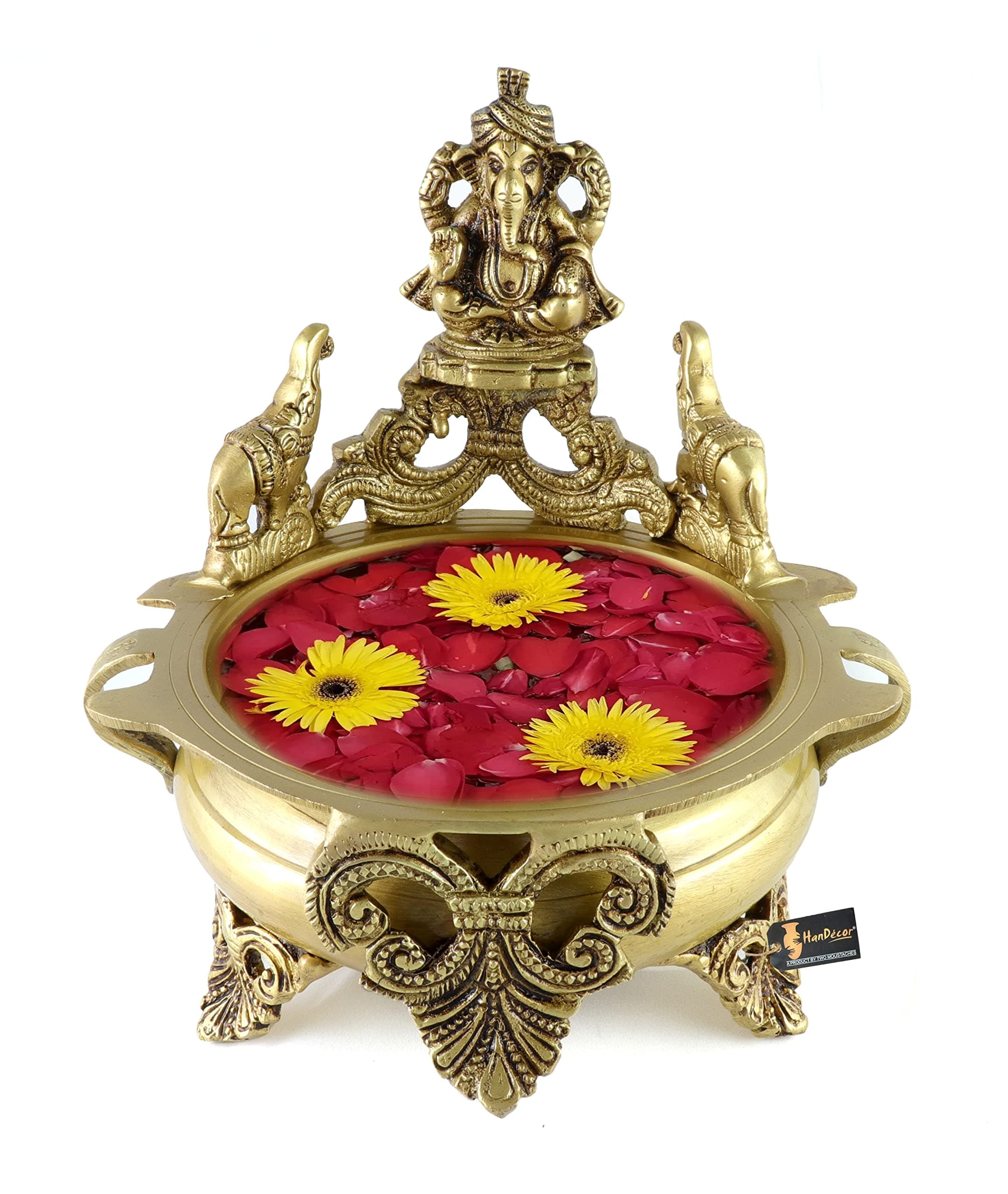 Two Moustaches Ganesha Design 7.5 Inches Brass Urli, Brass Urli for Flowers, Urli Bowl for Home Decor, Urali Decoration Bowl, Antique Yellow, Weight - 1.8 Kg, Pack of 1