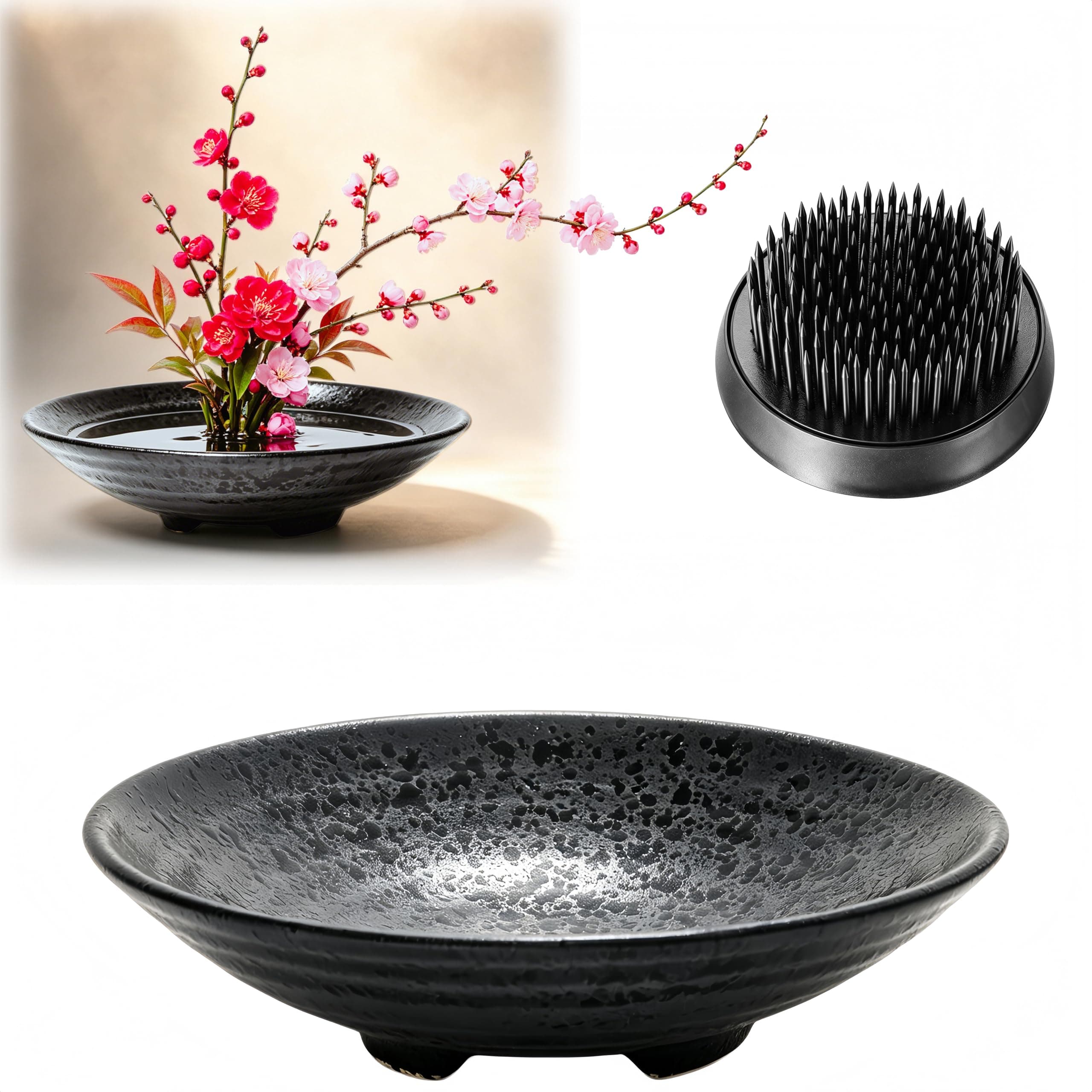 Japanese Ikebana Kit Floral Frog Flower Container with Kenzan Needle Straightening Tool - 1.57inch Black Flower Frog, 6.7inch Bowl Vase