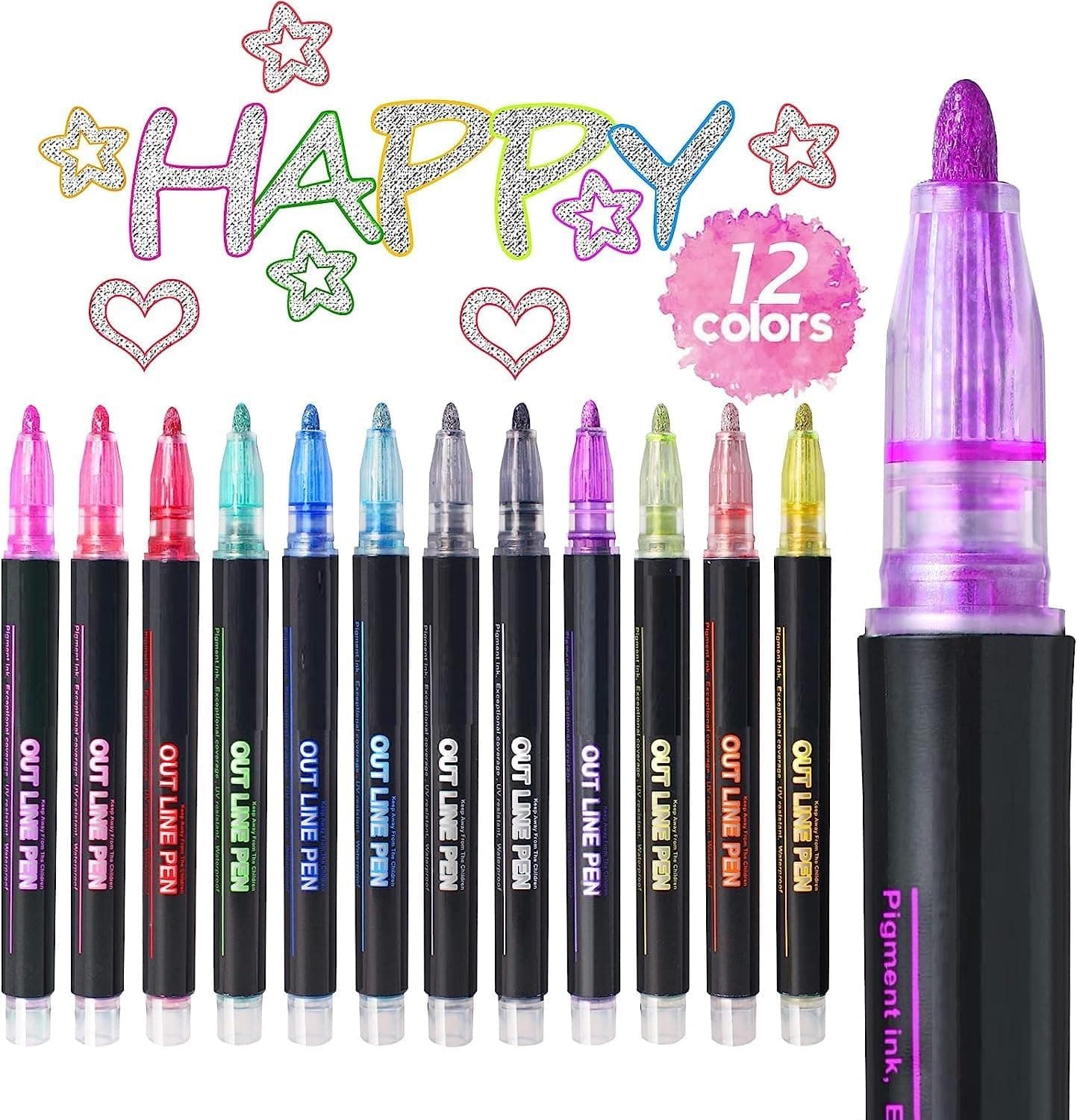 SUPER TOY 12 Pc Metallic Double Line Outline Markers Glitter Pen Set for Rock Painting, Glass, Mug, Wood, Fabric, Canvas, DIY Craft with Fine Medium Tip Perfect Creative Gift Idea
