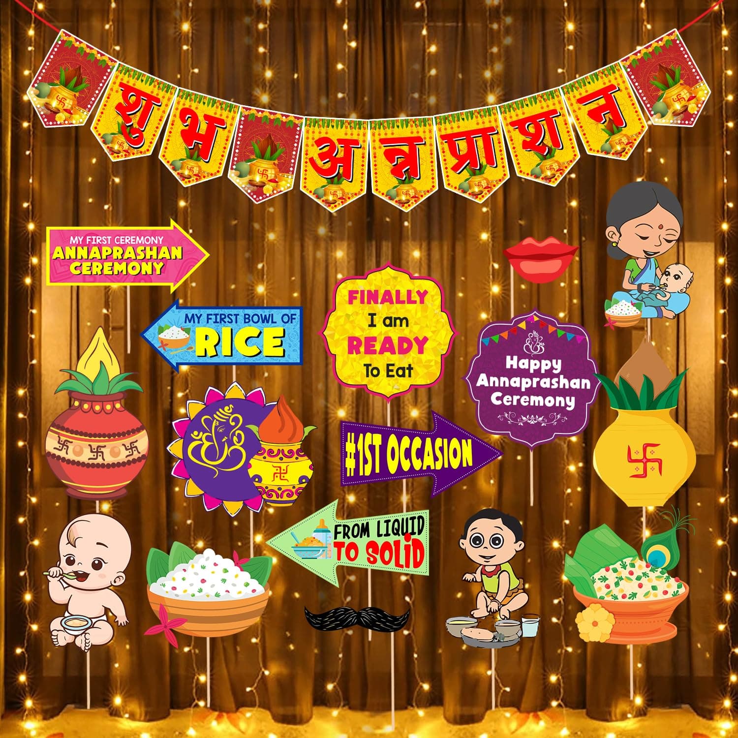 Zyozique Annaprasanam Photo Booth Props with Paper Bunting Banner Hindi Font Shubh Annaprashan | Rice Ceremony Decorations Items (Pack of 18)