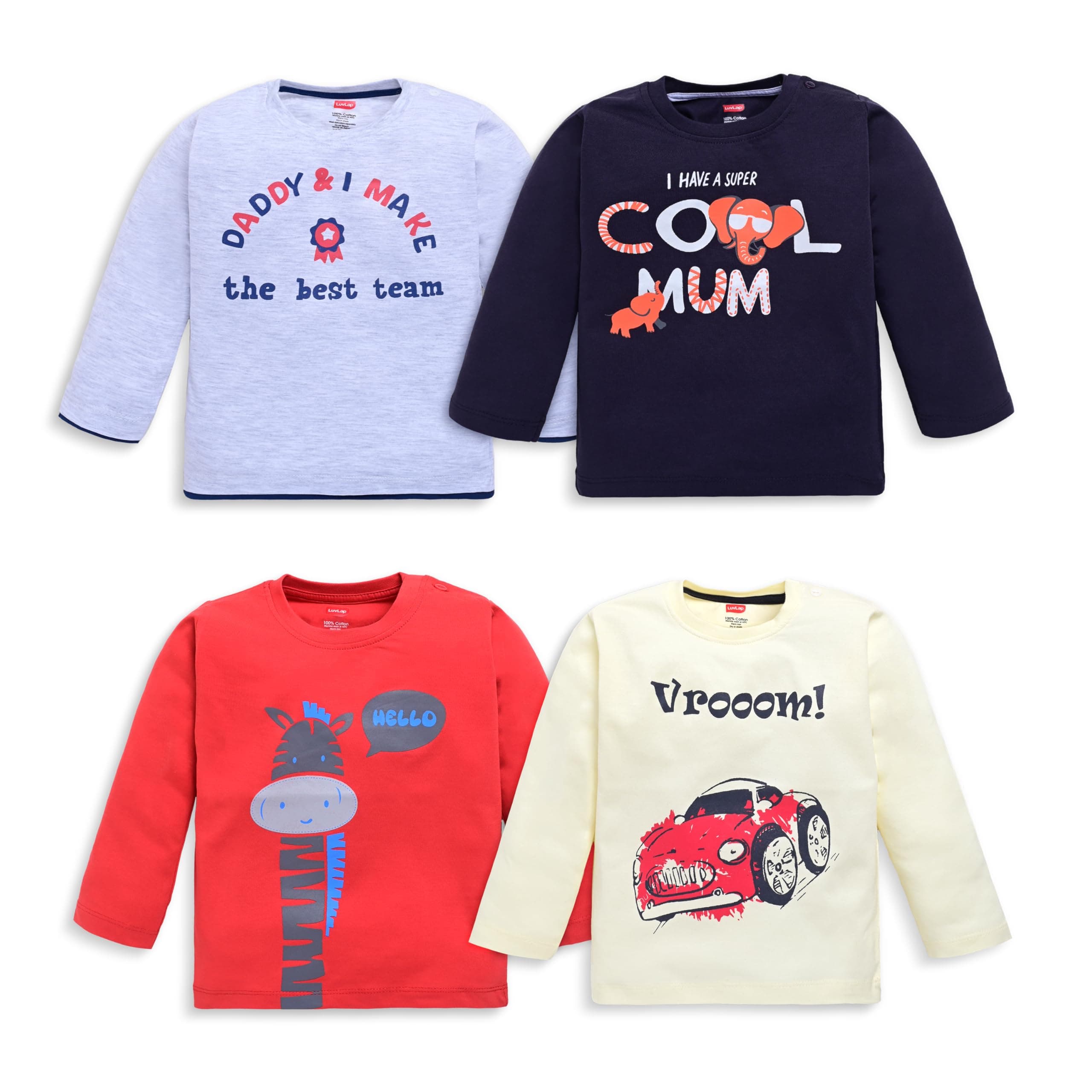 LuvLap Baby Boys Regular Fit 100% Cotton Full Sleeves Boys T-Shirts Sets Pack of 4, Grey Melange, Steel Grey, Aurora Red & Smoke Green, XXL (18 to 24 Months)