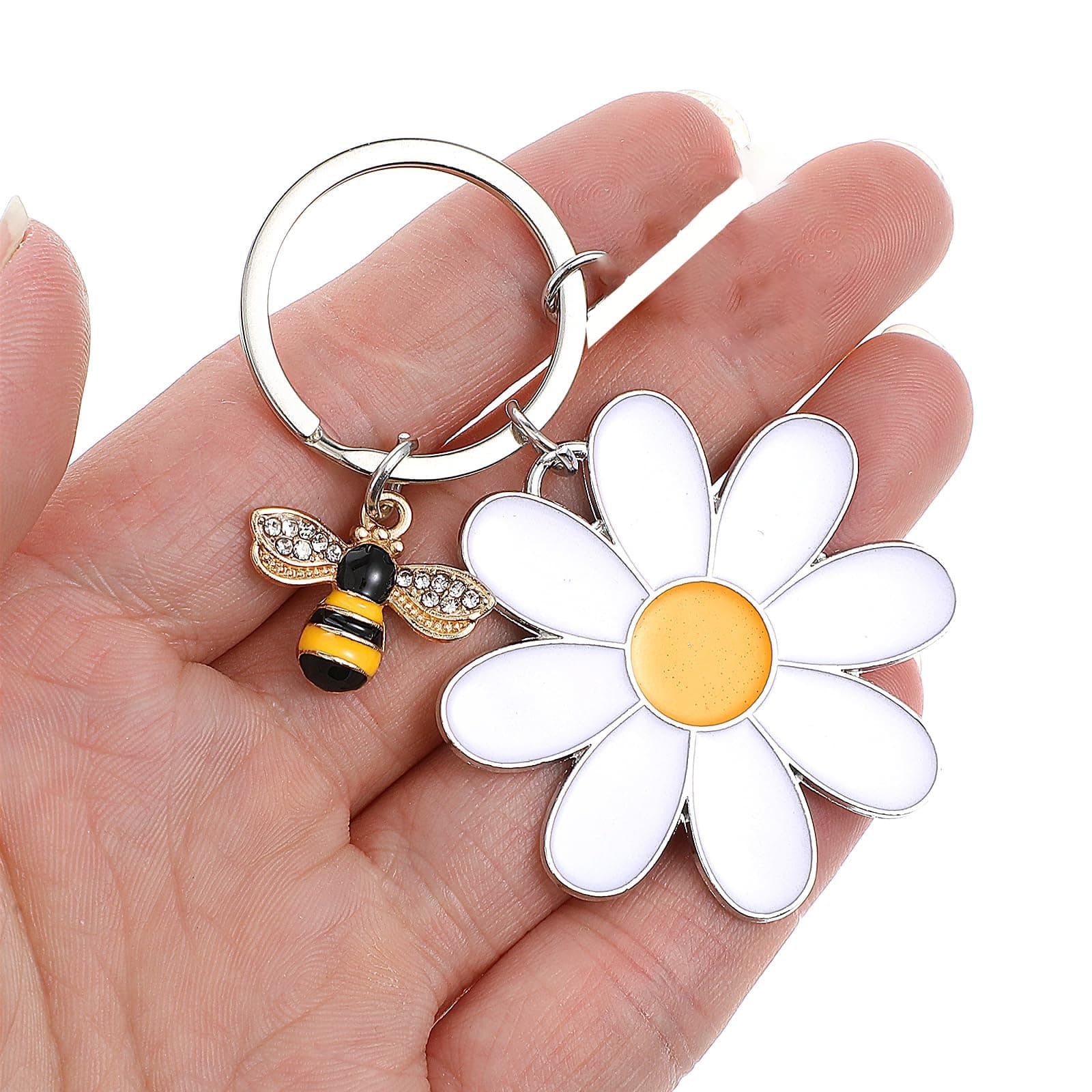 Pmeixcy Cute Bee Daisy Keychain, Key Chains for Women, Bag Charm Bee Keychain with Floral Design, Metal Keyrings for Keys and Bags, Personalized for Everyday Use, 10 cm x 5 cm