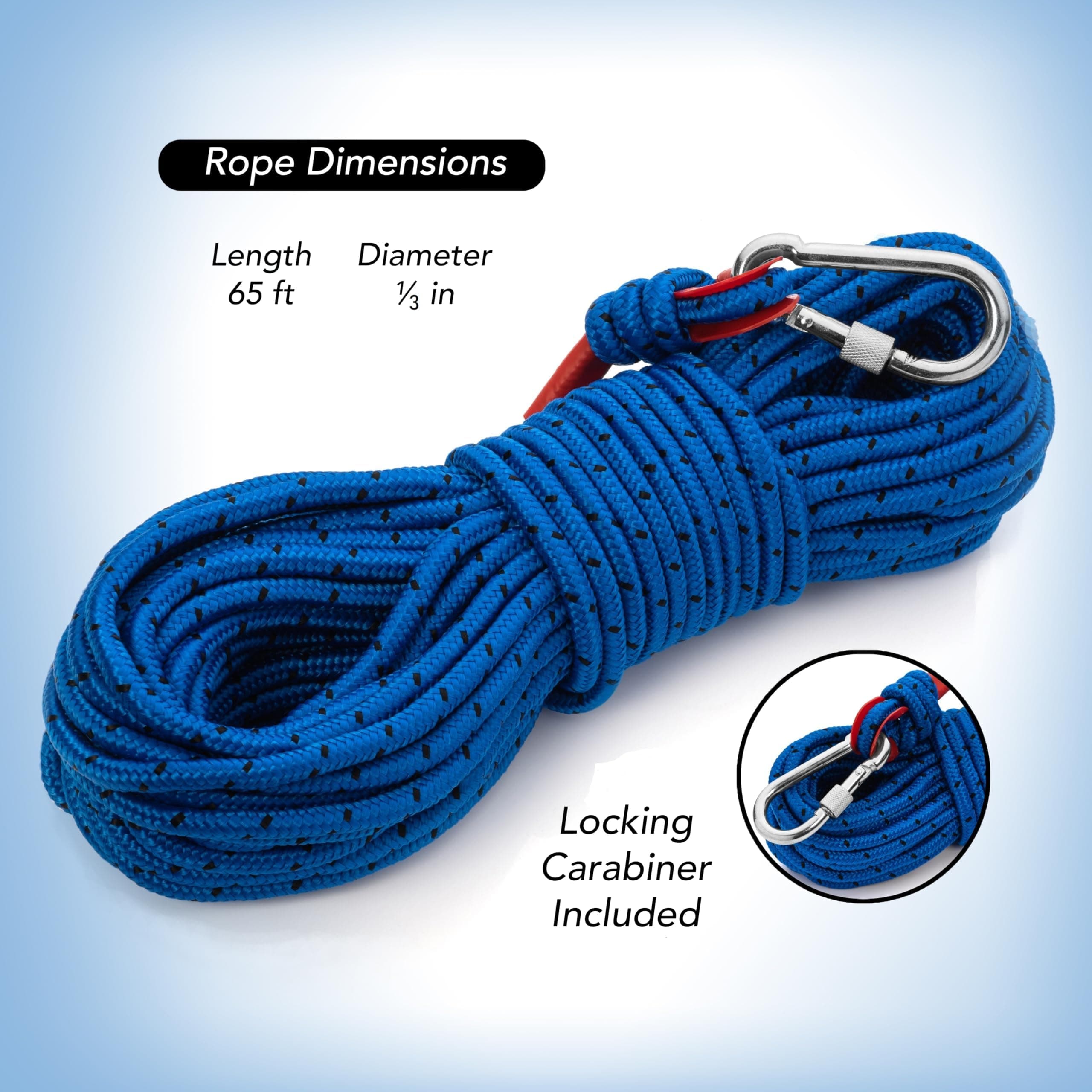 LSR LORESO Magnet Fishing Rope, Climbing Rope with Carabiner Clip - Strong 8mm 65 Feet Reinforced Polyester Rope for Climbing, Hiking, Camping, Downhill, Abseiling, Caving and Rescue Work