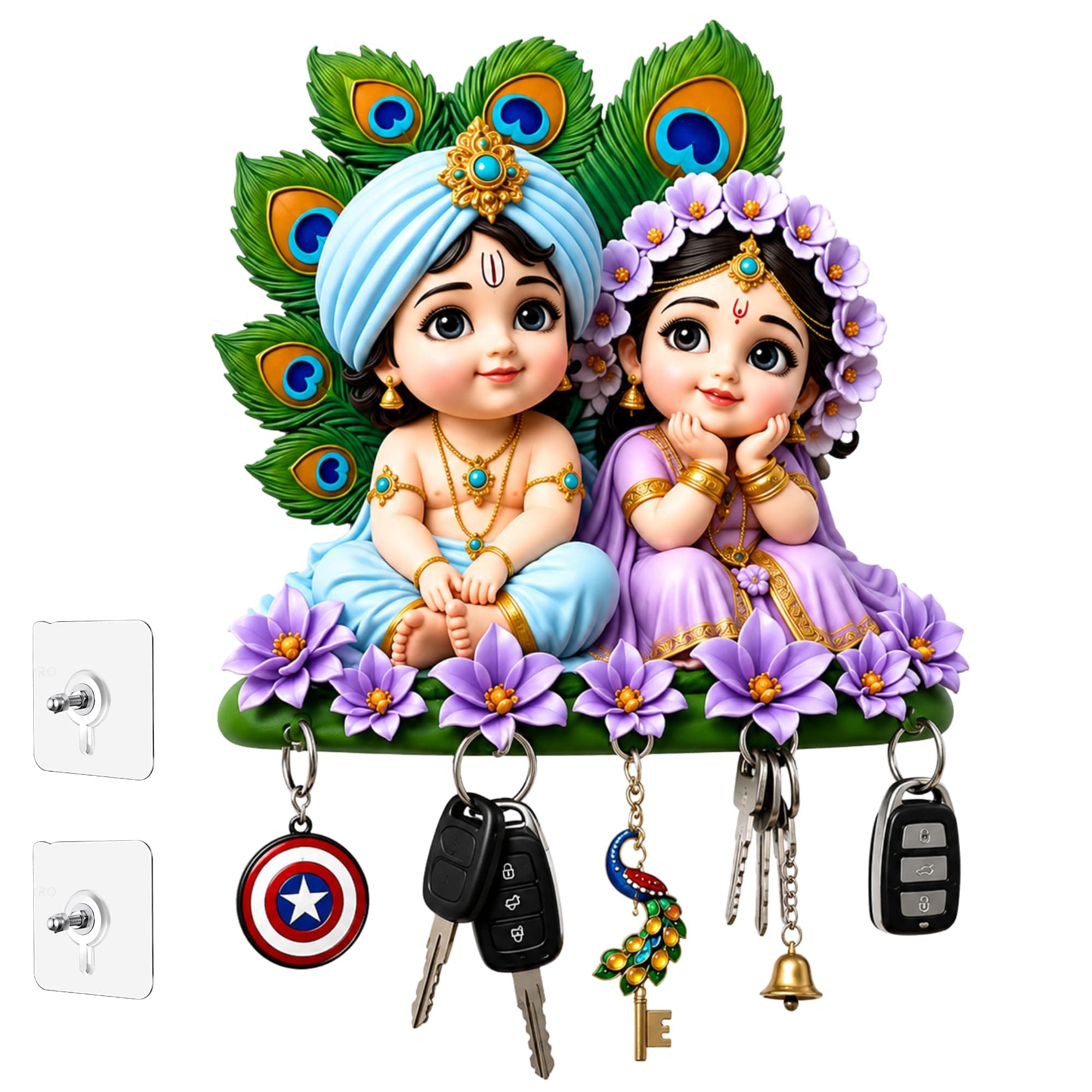Webelkart Premium Cute Radha Krishna Key Holder for Home/Office Decor | 3D UV Printed Wooden Key Hanger Decorative Key Chain Holder (10 x 10 Inches