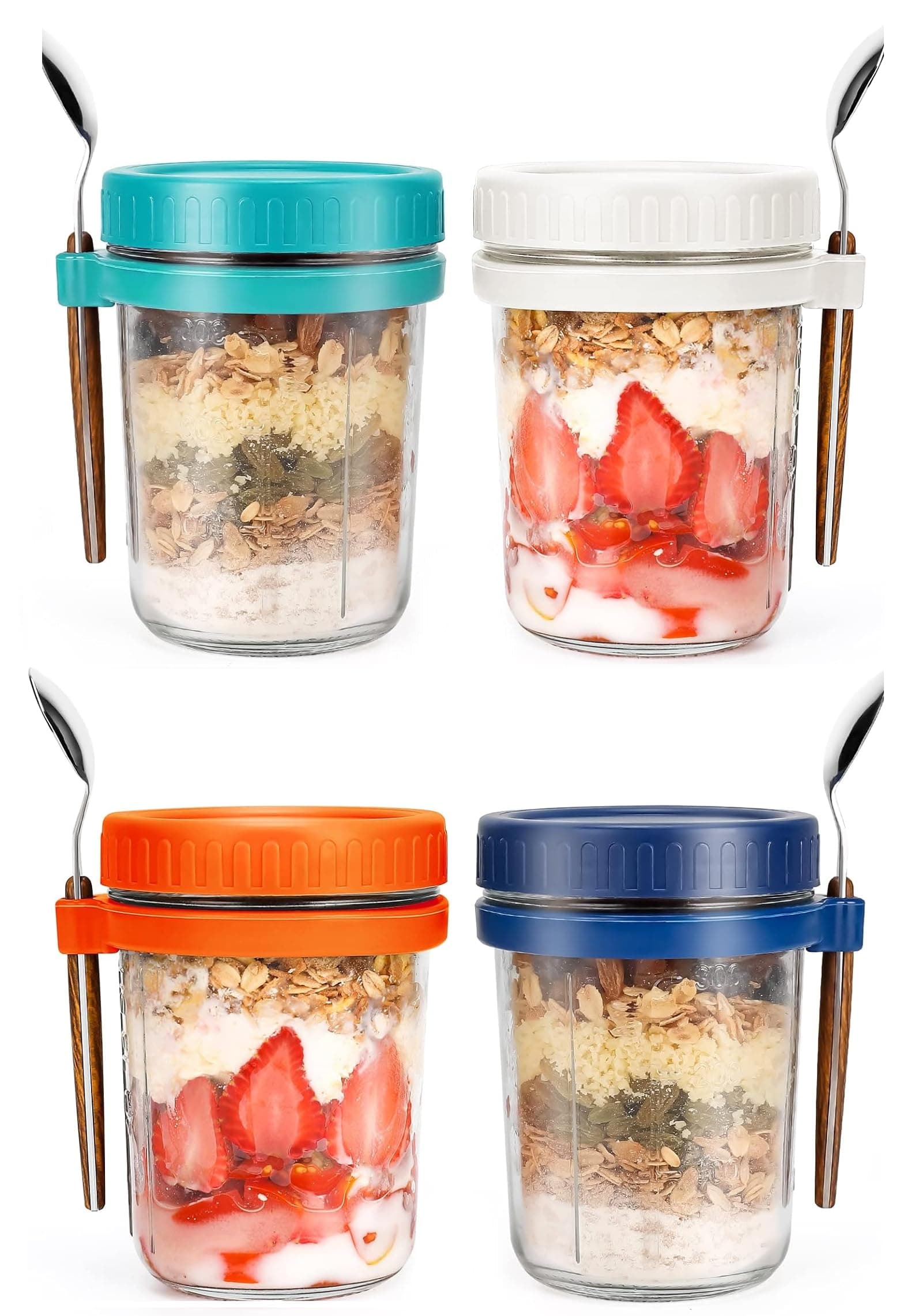 SHIV KRAFT Glass Overnight Oats Jars with Lids & Spoons | 350ml Mason Jars | Leak-Proof Meal Prep Containers for Oatmeal, Cereal, Fruit, Yogurt & Salad – Set of 4