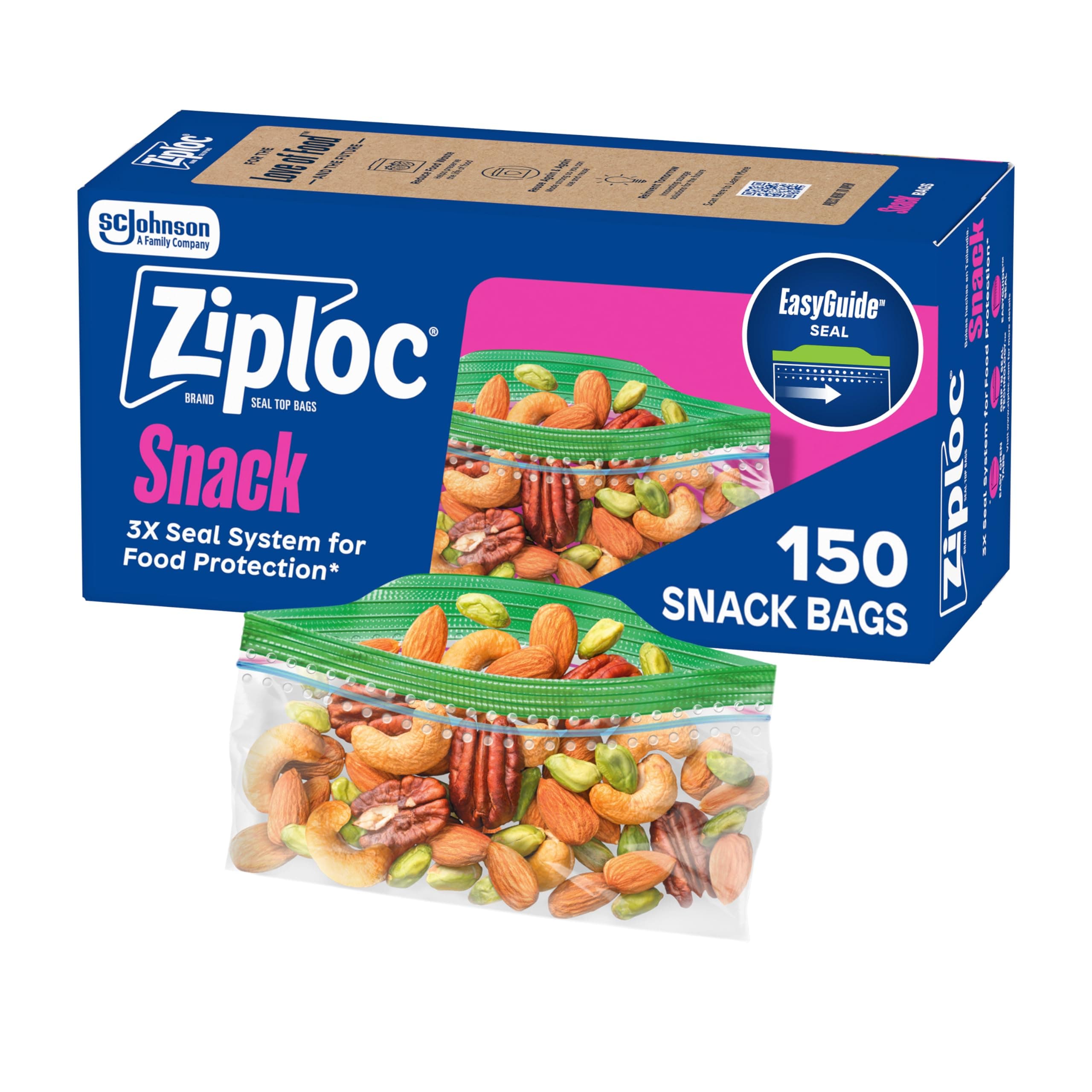 Ziploc Snack Bags with EasyGuide Texture, Small Plastic Storage Bags with Grip 'N Seal Technology, 150 Bags Total