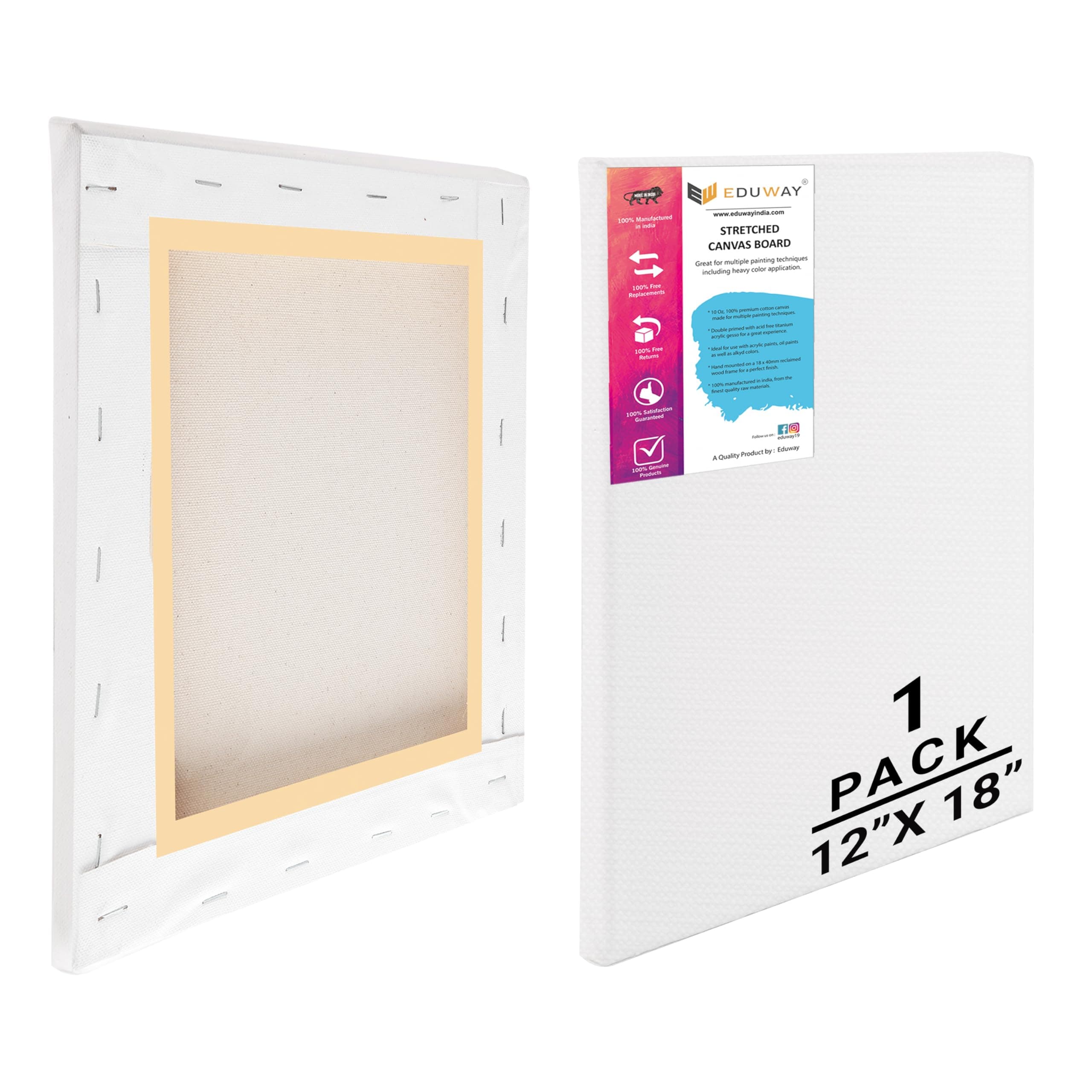 Eduway® 12x18 inches Pre Stretched Medium Grain 7Oz Primed Cotton Painting Canvas with Wooden Frame for Beginners & Artist | Suitable with Acrylic, Oil, Water Colours- (Set of 1)