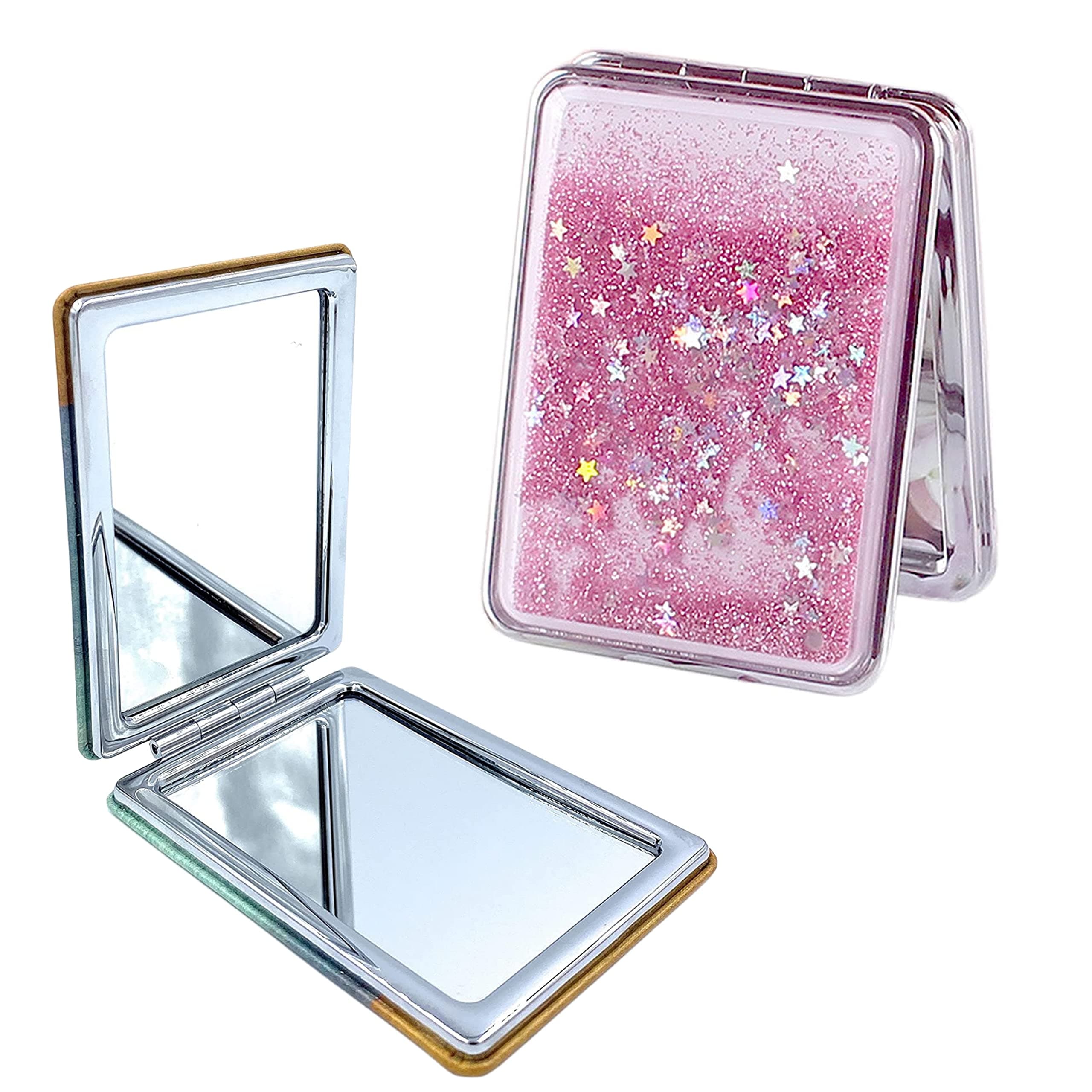 MEPOINT Makeup Mirror Mini Portable Double-Sided Magnifying Handheld Mirror Dream Quicksand Glitter Mirror Folding Mirror for Purses and Travel (Color May Very Square)