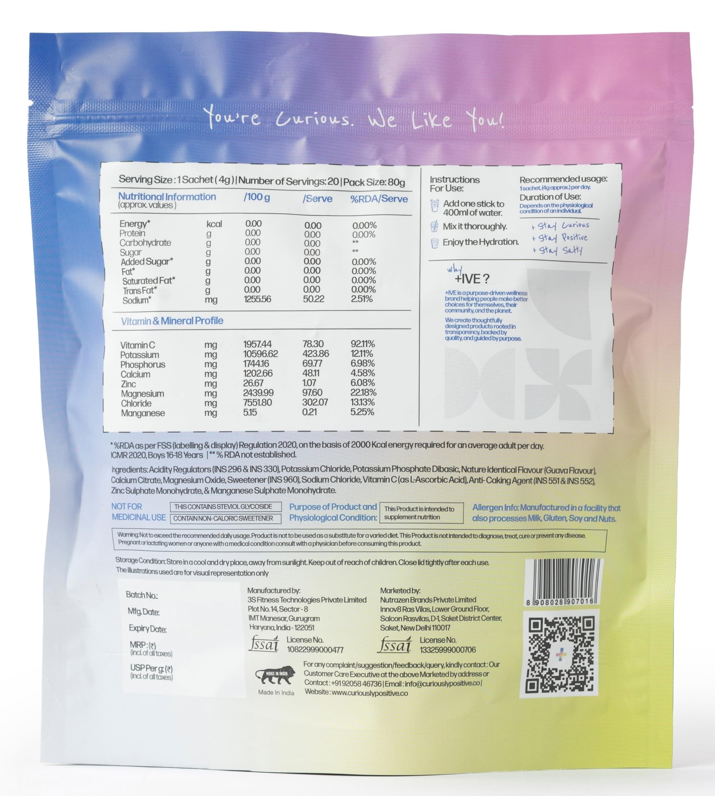 Curiously +IVE(Positive) Electrolytes Drink Mix | Zero Sugar, Zero Carbs, Zero Calories | 8 Essential Electrolytes | Hydration + Recovery | Guava Flavour | Health Supplement Powder | 4g × 20 Sachets