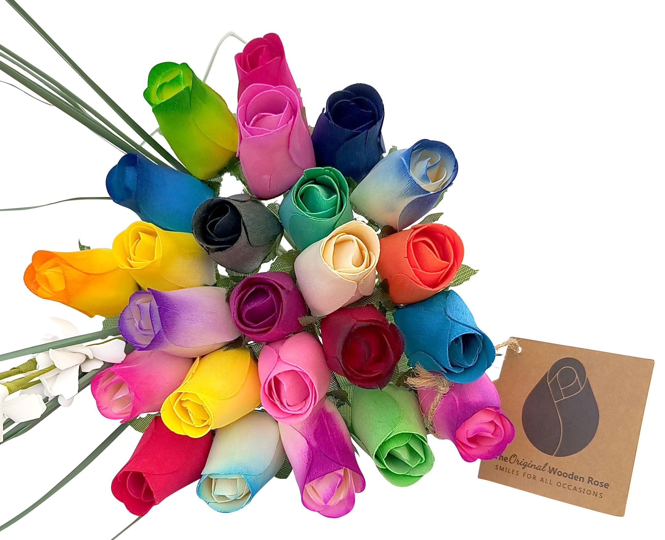 2 Dozen 24 Mixed Color Bouquet of Wooden Rose Buds Artificial Flower by Wooden Roses