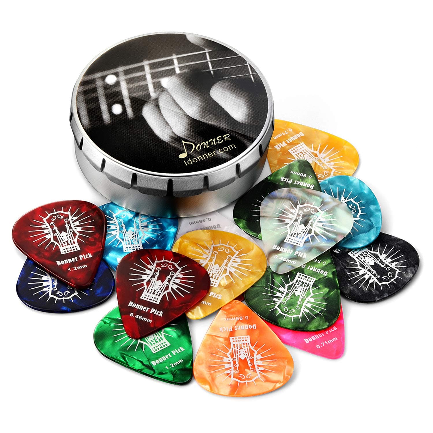 Celluloid Guitar Picks, Donner 16pcs Guitar Plectrum Including Thin, Medium, Heavy & Extra Heavy Gauges (0.46mm-1.2mm)