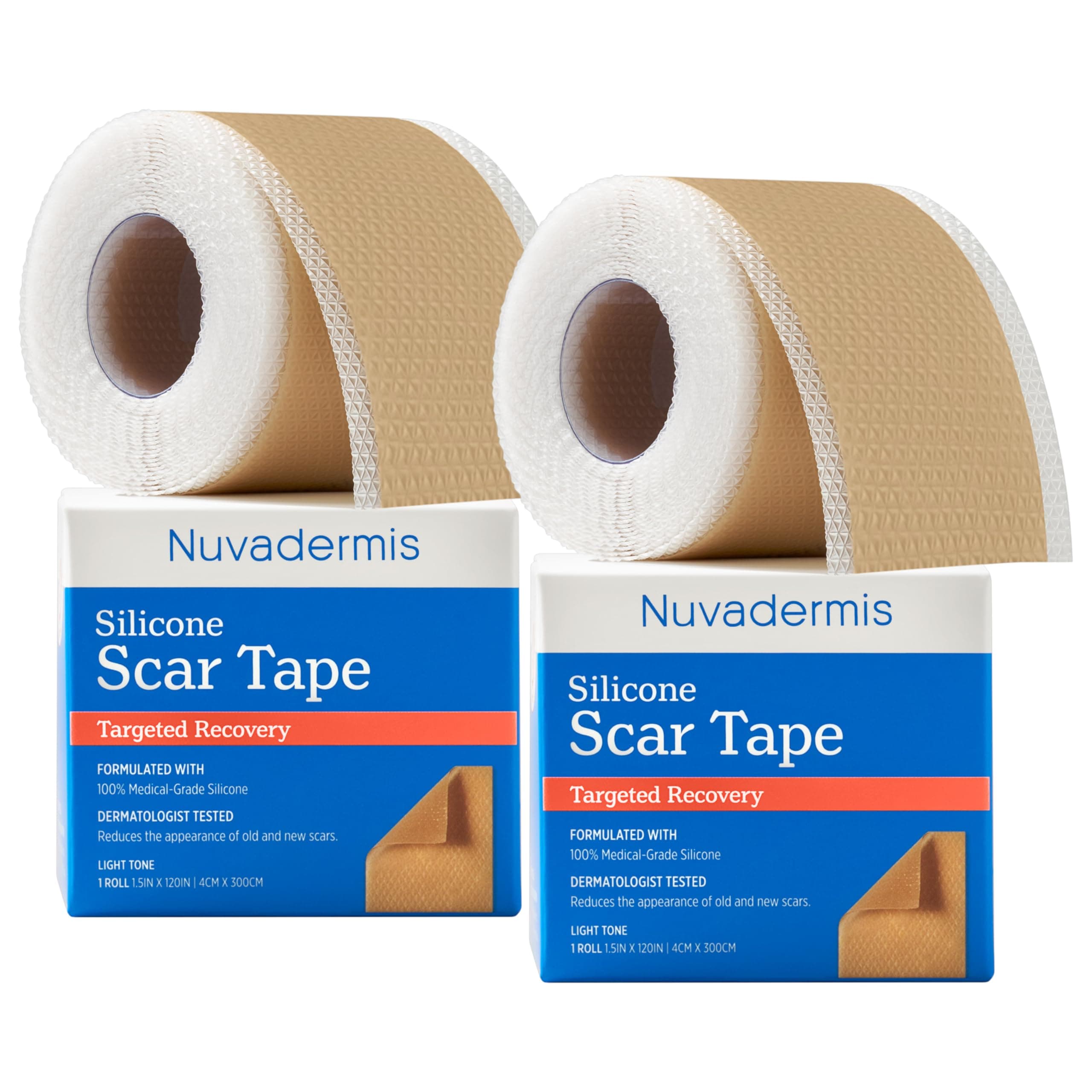NUVADERMIS Silicone Scar Tape for Surgical Scars - 120" x 1.5" Roll - Extra Long Scar Sheets for C-Section, Tummy Tuck, Keloid, and Surgical Scars - Reusable Medical Grade Silicone Scar Tape 2 Pack
