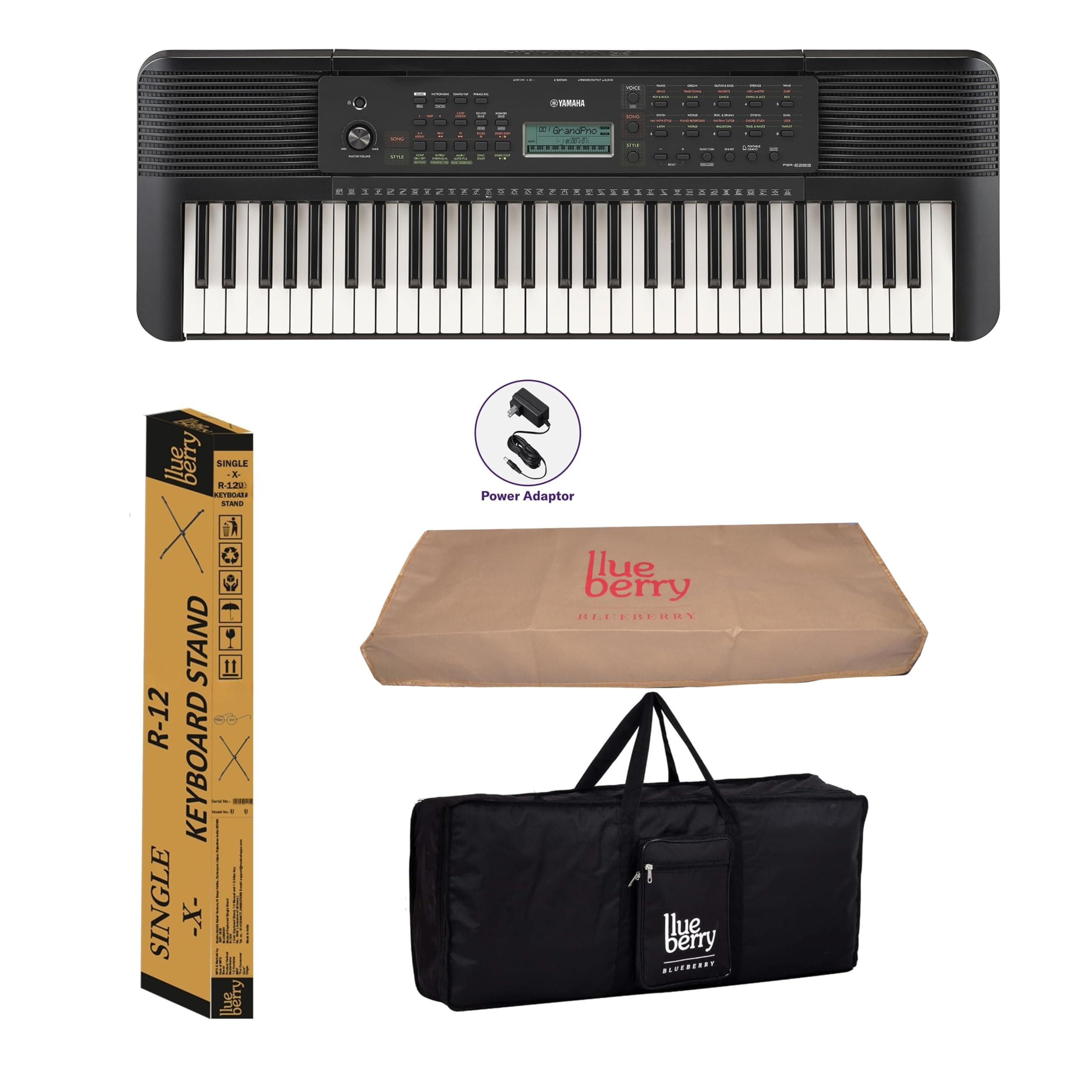Yamaha PSR-E283 61-Key Portable Keyboard Bundle with Blueberry KB-40BK Black Bag & R-12 Stand, Dust Cover