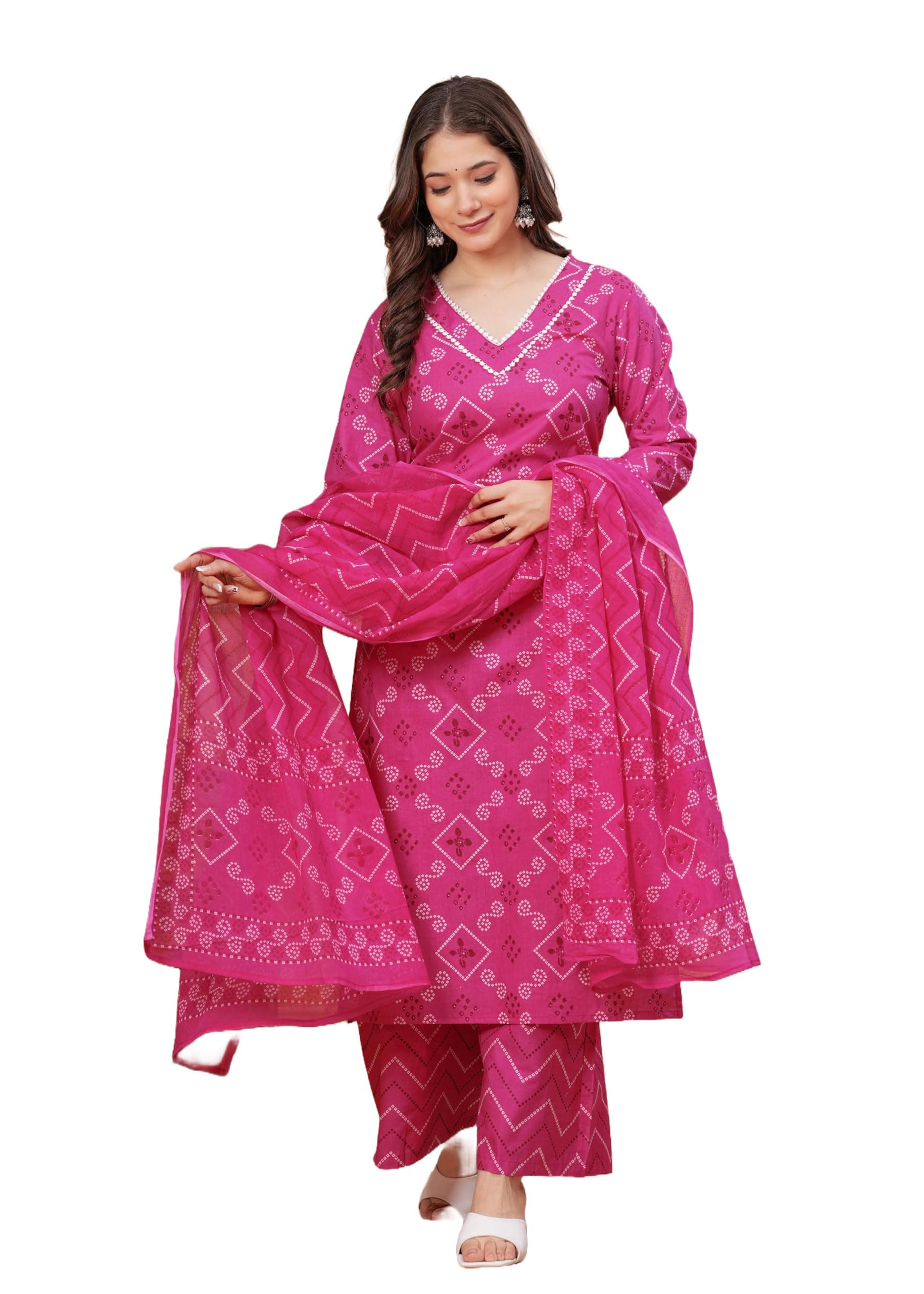MEERA FAB Bandhani Printed Pure Cotton Kurta With Palazzo & Dupatta