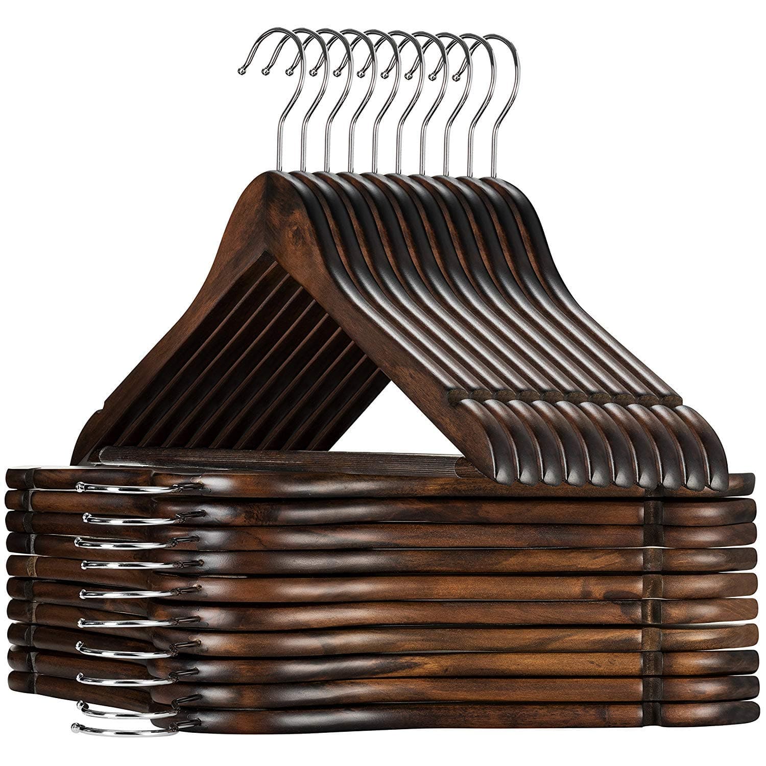 ginoya Brothers Walnut Wooden Suit Hangers - Premium Wood with Notches & Chrome Swivel Hook for Dress Clothes, Coats, Jackets, Pants, Shirts, Skirts Hanger (6 Count)