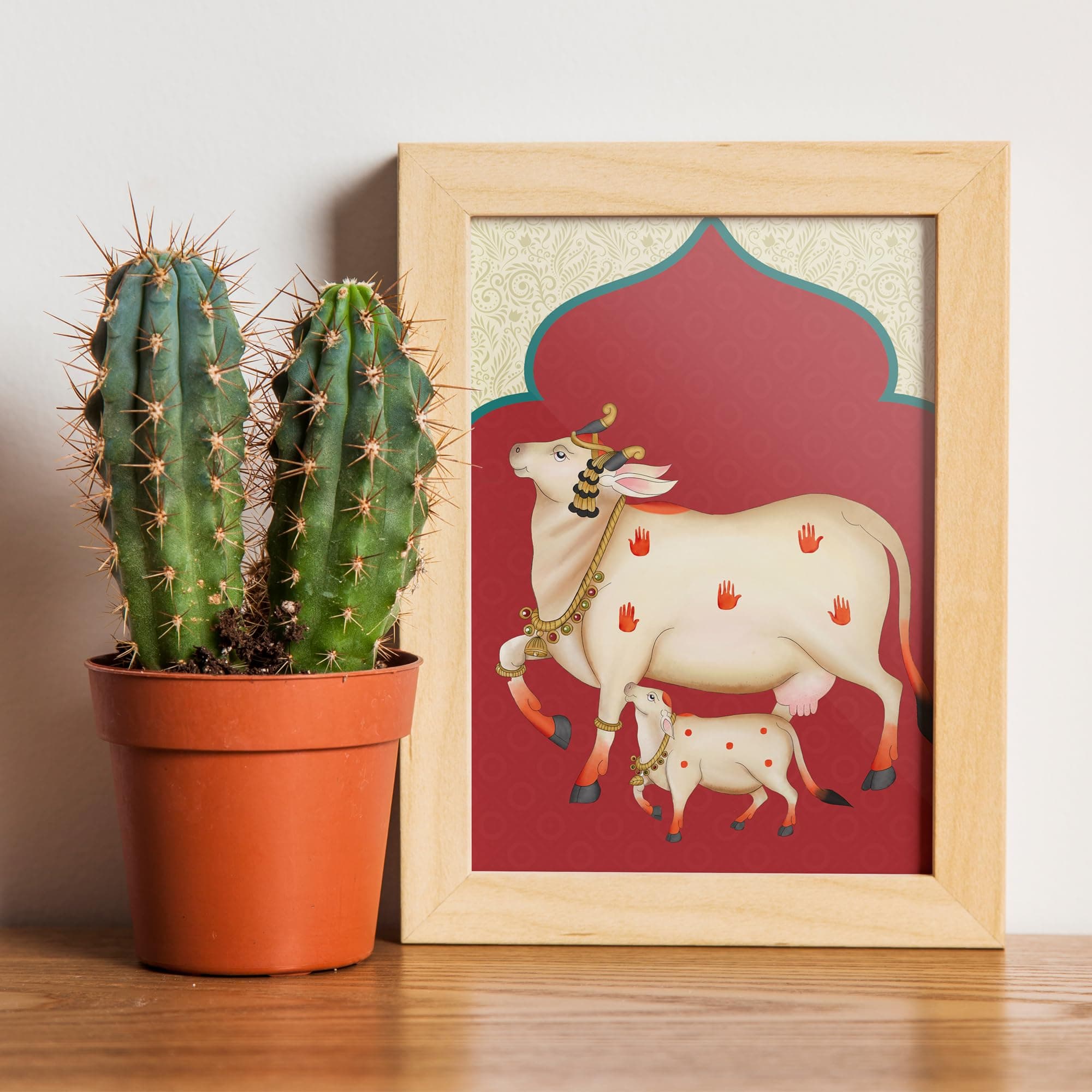 THE FINE FRAMER Pichwai Art Print Photo frame for Home Decor and Office Decor | Traditional Indian painting for wall decoration, Table top photo frame 10x08 inches Wooden Brown