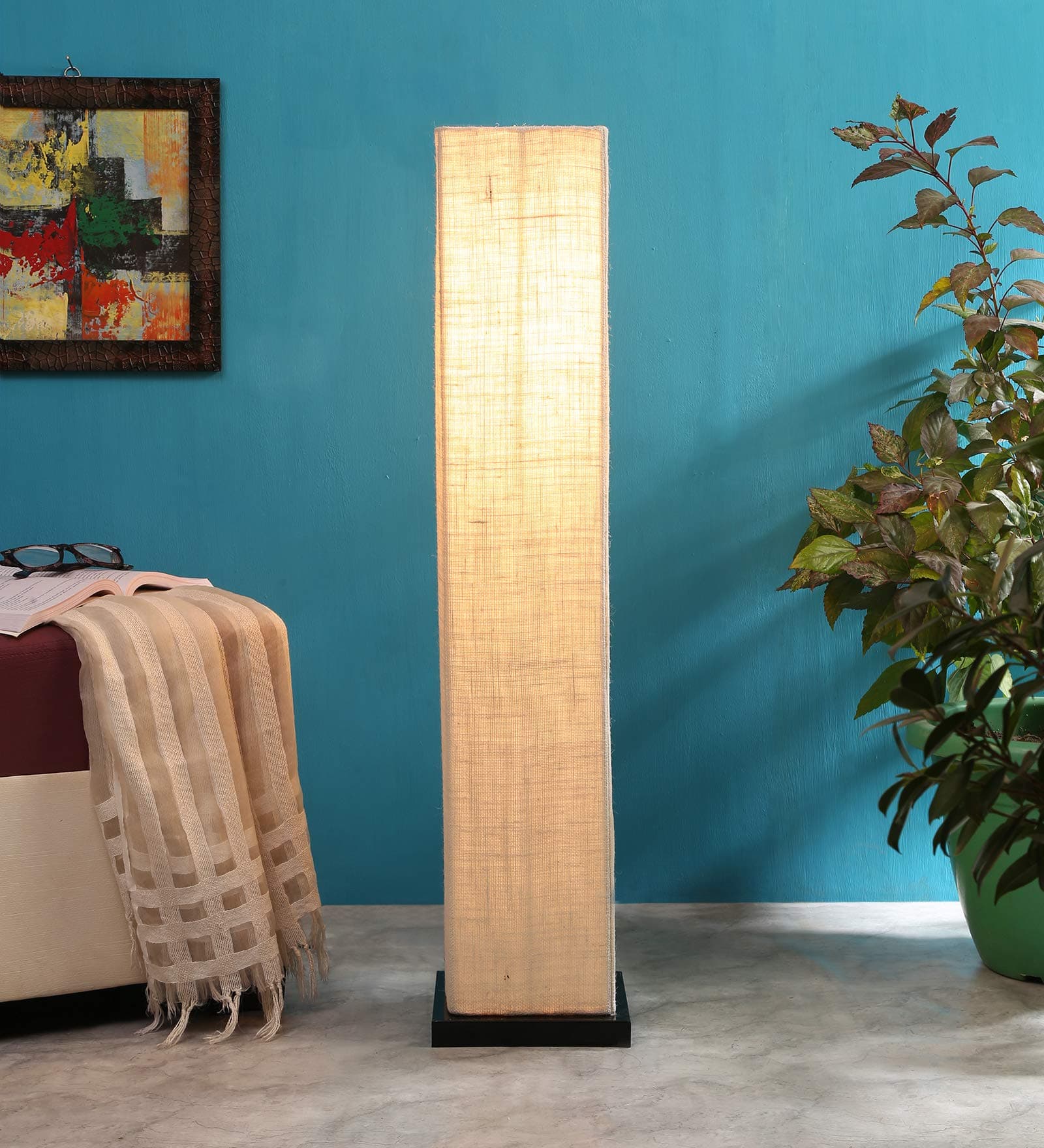 AMDHOME Jute Shade LED Floor Lamp, Standing Modern Round Iron Natural Base (33 Inch, Color - White) - for Bedside & Living Room, Bedroom | Home Decor, Hotel, Office Decoration | Perfect for Gifting
