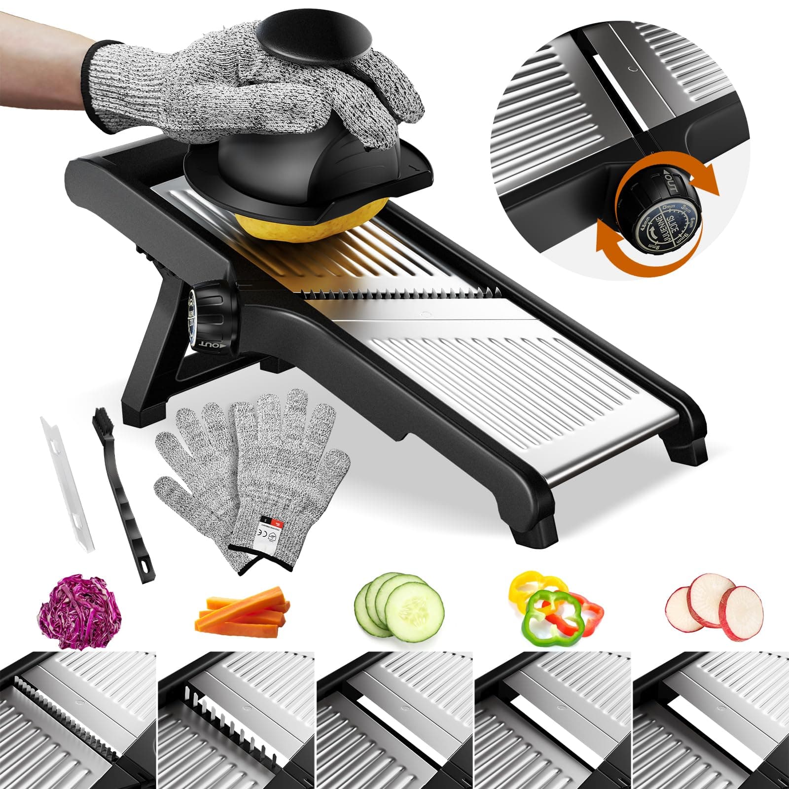 Adjustable Mandoline Slicer Mandoline Slicer for Kitchen with Cut-Resistant Gloves,Potato Slicer, Vegetable Slicer, Mandoline French Fry Cutter Stainless Steel Vegetable Chopper