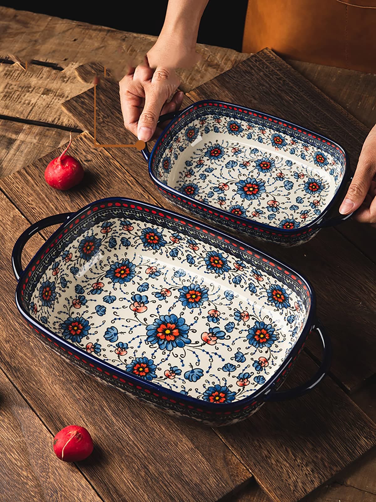 Bicuzat Vintage Flower Style Ceramic Bakeware Casserole Dish Baking Pan Lasagna Pans Baking Dish with Handles for Oven/Cooking/Kitchen-1 PCS