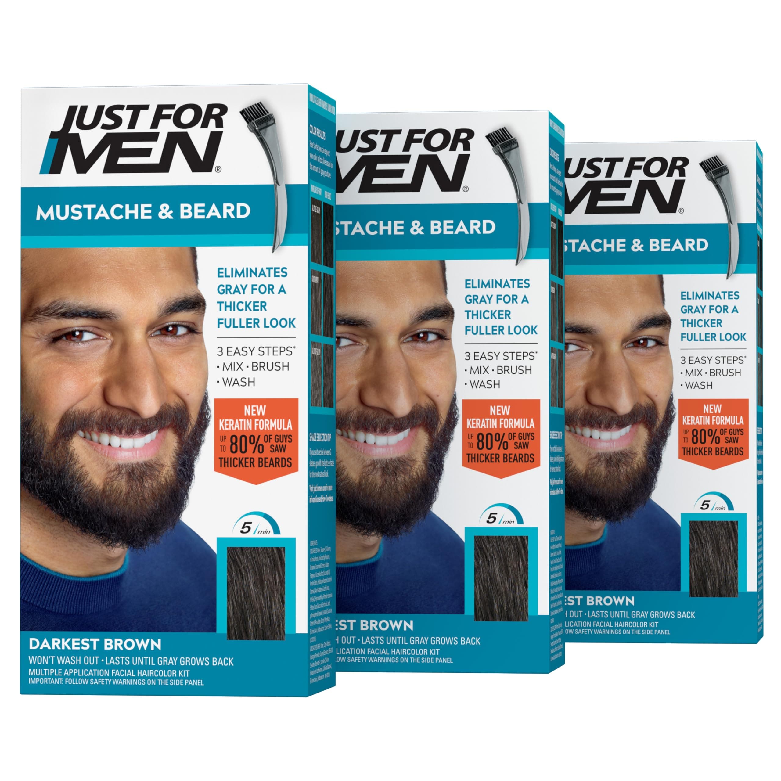 Just For Men Brush-In Color Gel Mustache and Beard Color, 72.6g (Pack of 3) - Darkest Brown