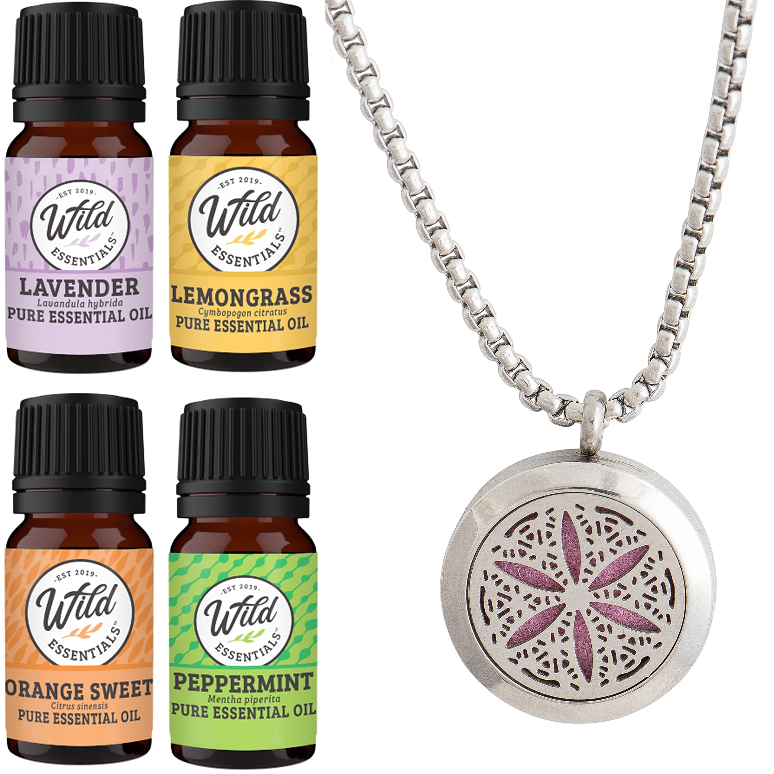 Flower of Life Essential Oil Diffuser Necklace Stainless Steel Locket Pendant with 24" Chain+ 4 Essential Oils (Lavender Peppermint Inner Peace Zen) Gift Set