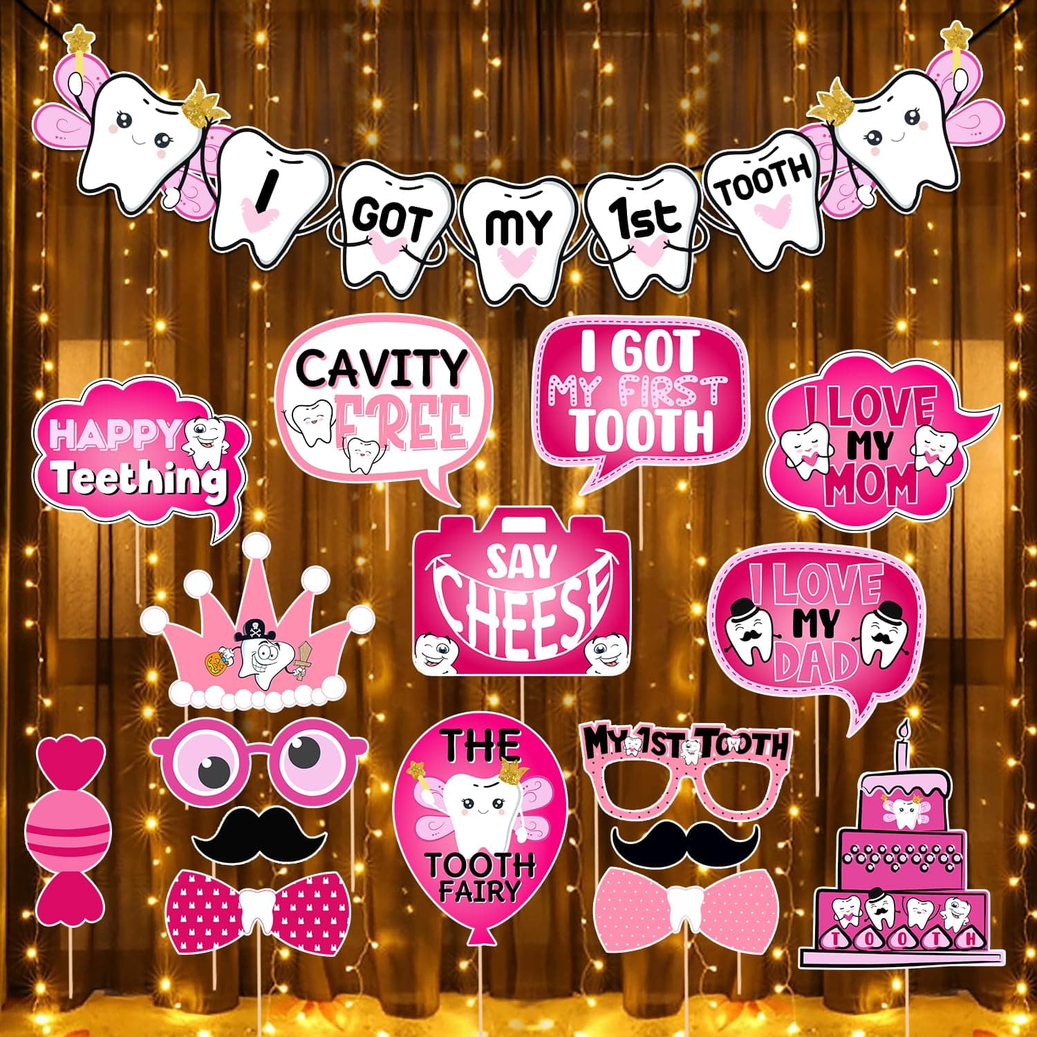 Zyozique First Tooth Decoration Items Combo - I Got My First Tooth Paper Banner , Photo Booth Props & Ligt (Pack Of 18)