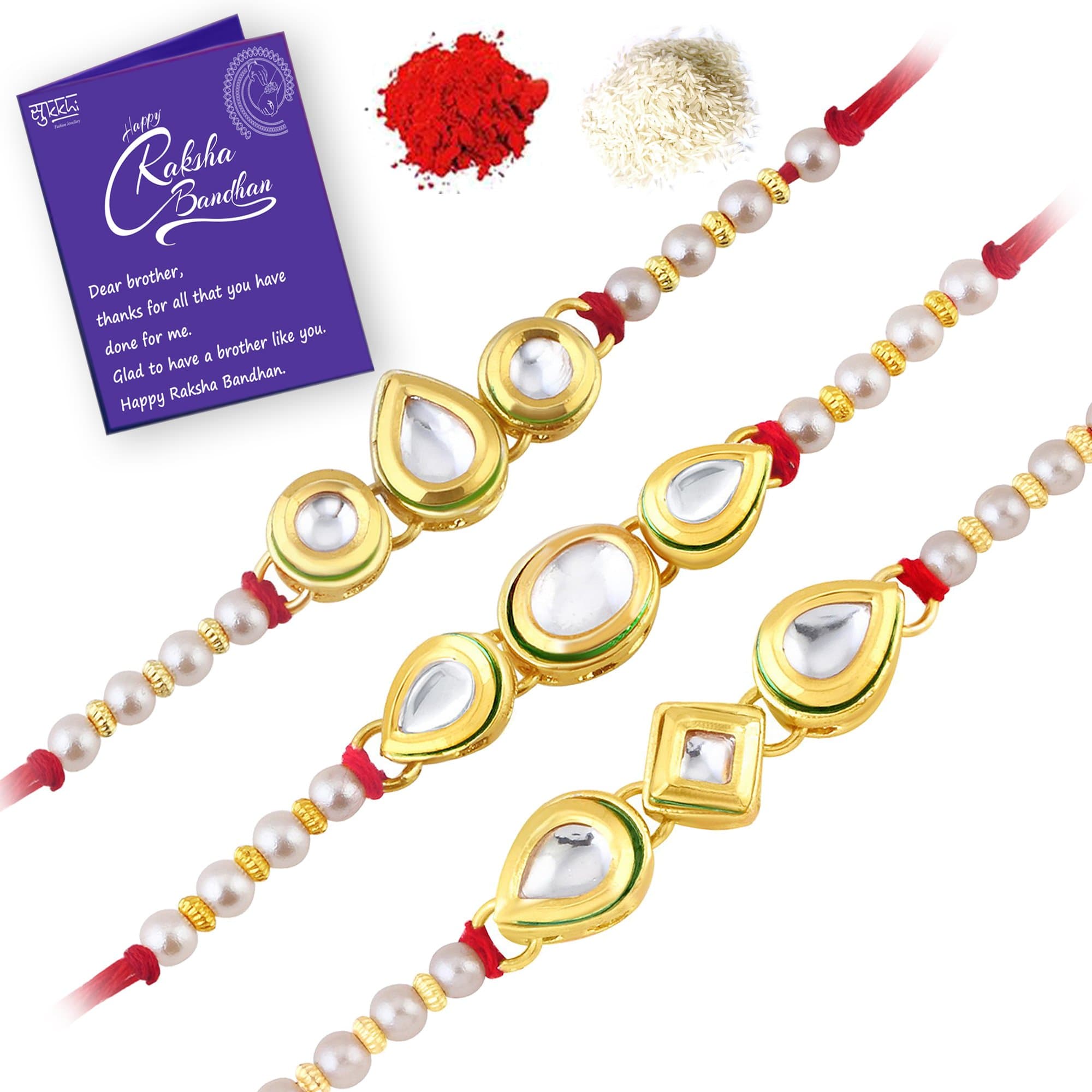 Sukkhi Rakhi for Brother Pretty Kundan Combo & Designer Gold Plated with Roli Chawal & Greeting Card|Set of 3|CB73457
