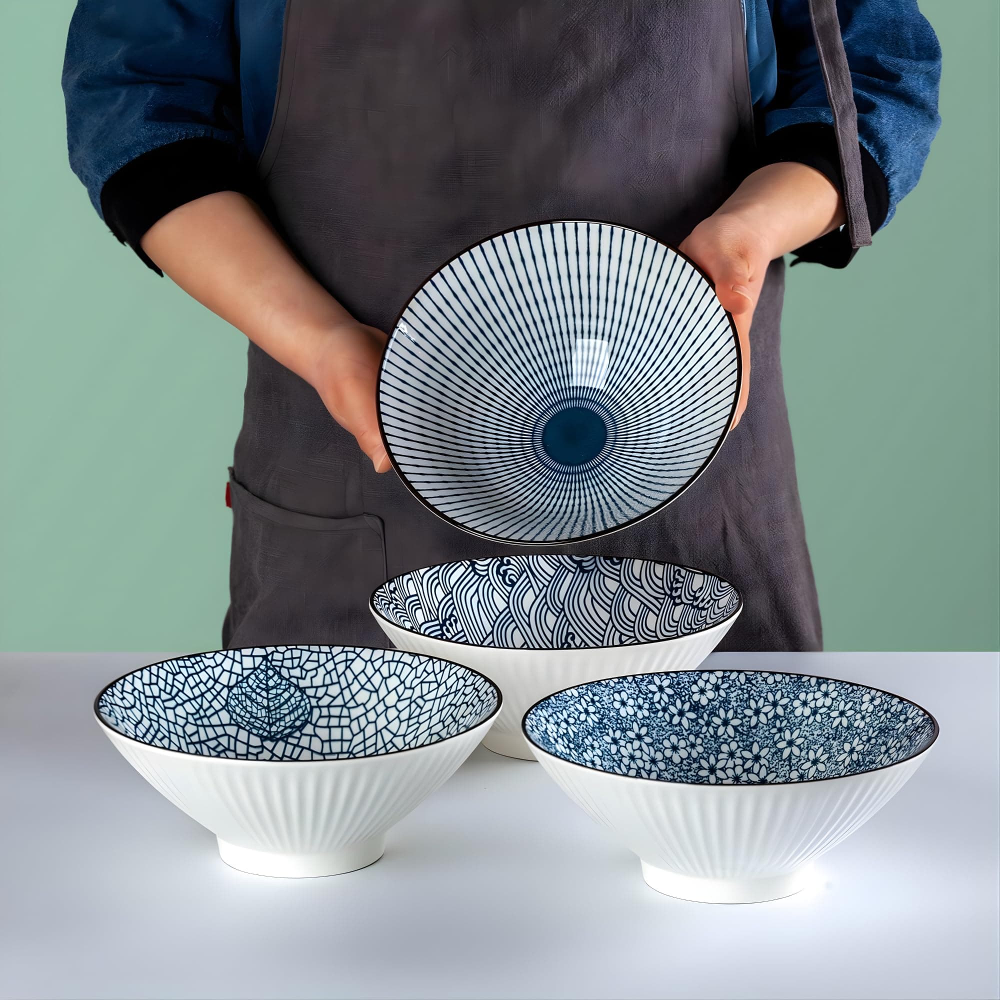 OLWICK Japanese-Style Ceramic Bowls, 4-Piece Set, Handcrafted Blue Pattern, Microwave & Dishwasher Safe, Perfect for Rice, Soup, Snacks & Desserts (Random)