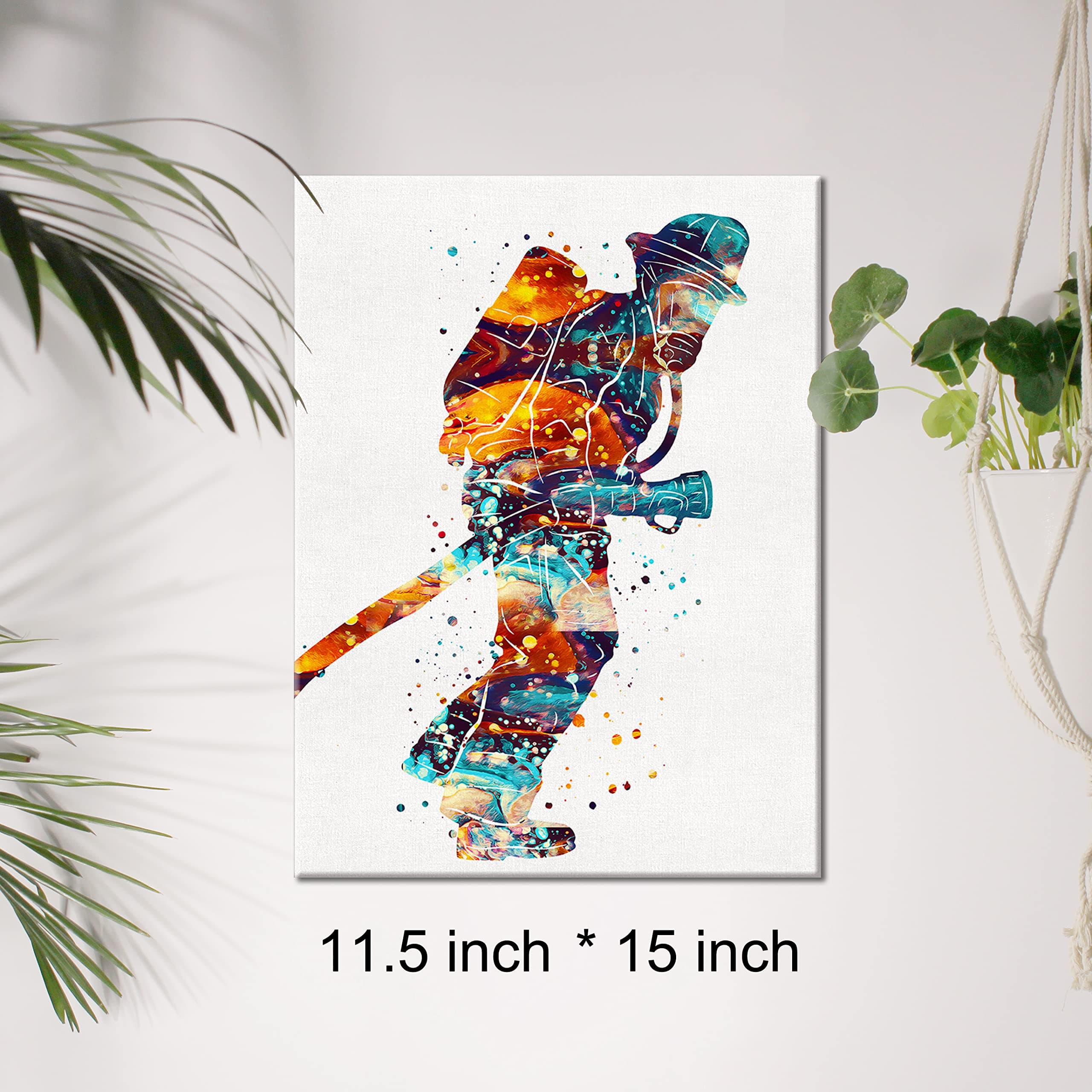 Watercolor Fireman Firefighter Canvas Wall Art Fire Soldier Canvas Print Painting Fire Department Wall Decor Framed Gifts 12x15 Inch